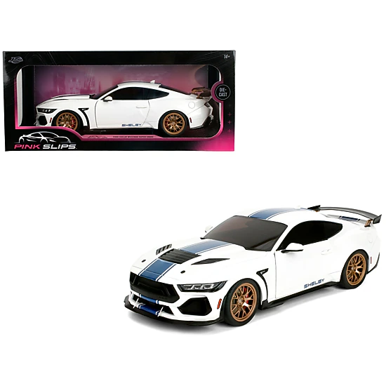 Jada Ford Mustang Shelby Super Snake White Metallic With Blue Stripes And Gold Wheels "Pink Slips" Series 1/18