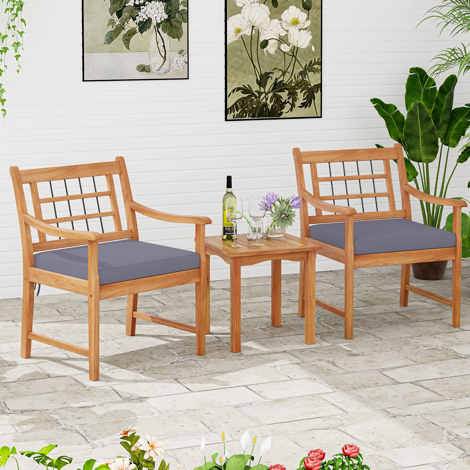 SUGIFT Patio Conversation Set with Seat Cushions 400-lb Chairs 180-lb Table White Gray Navy Cushions Natural Frame