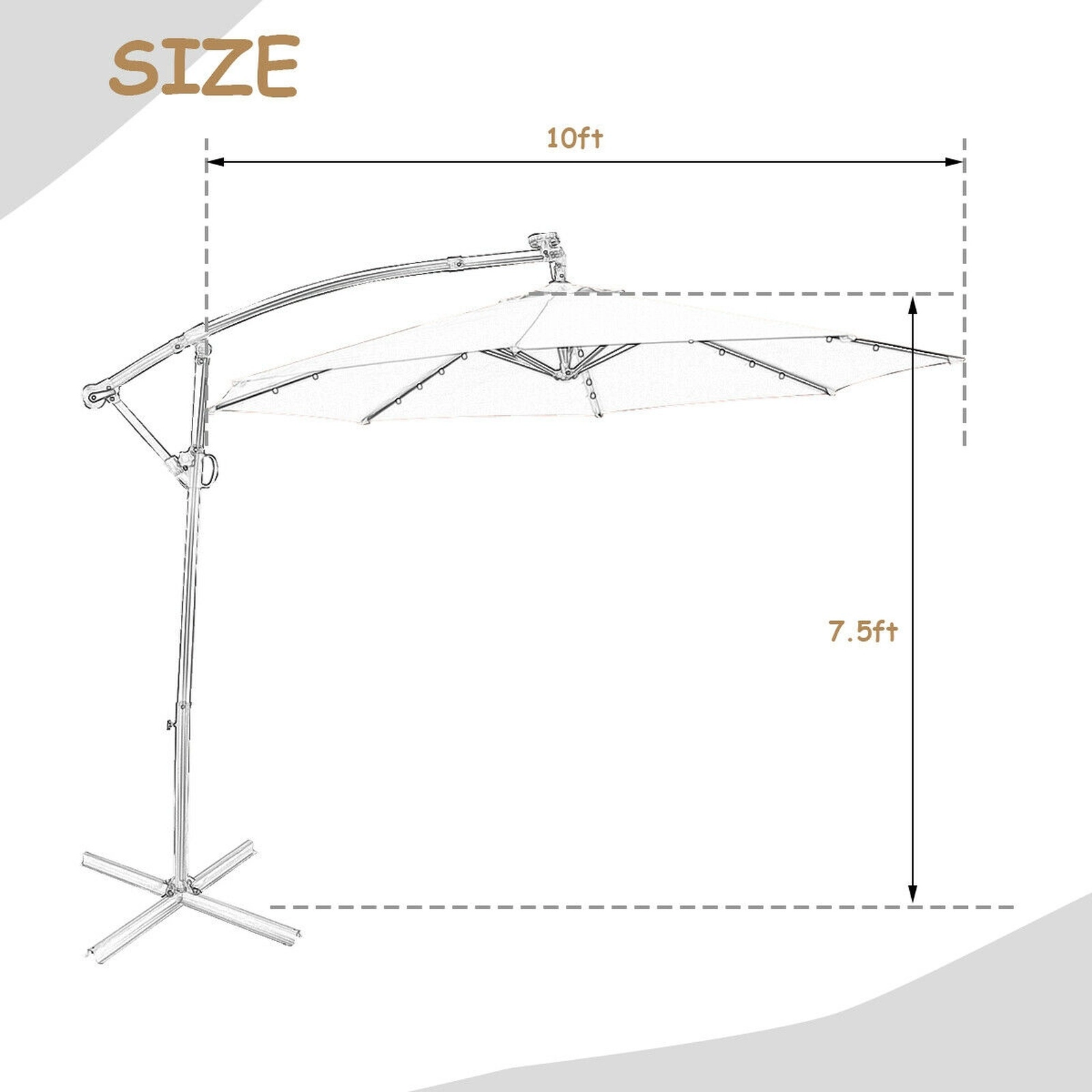 SUGIFT 10-ft Beige Solar LED Offset Patio Umbrella with 32 Lights 360-Degree Rotation and Cross Base for Deck