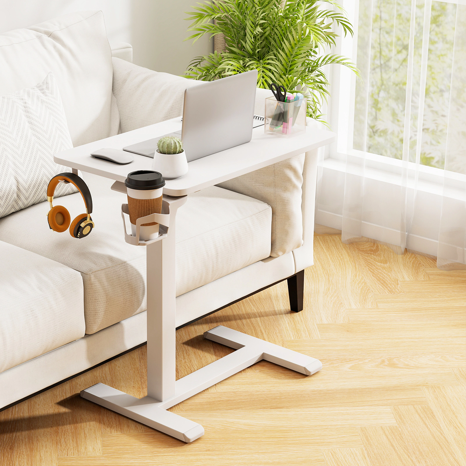 SUGIFT Height Adjustable Mobile Standing Desk Overbed Bedside Table 90-lb Capacity with Cup Holder White