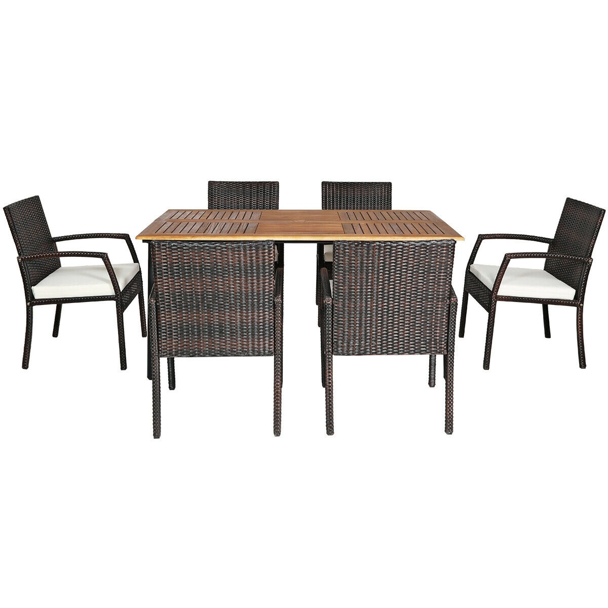 LJG 7PCS Patio Rattan Cushioned Dining Set with Umbrella Hole