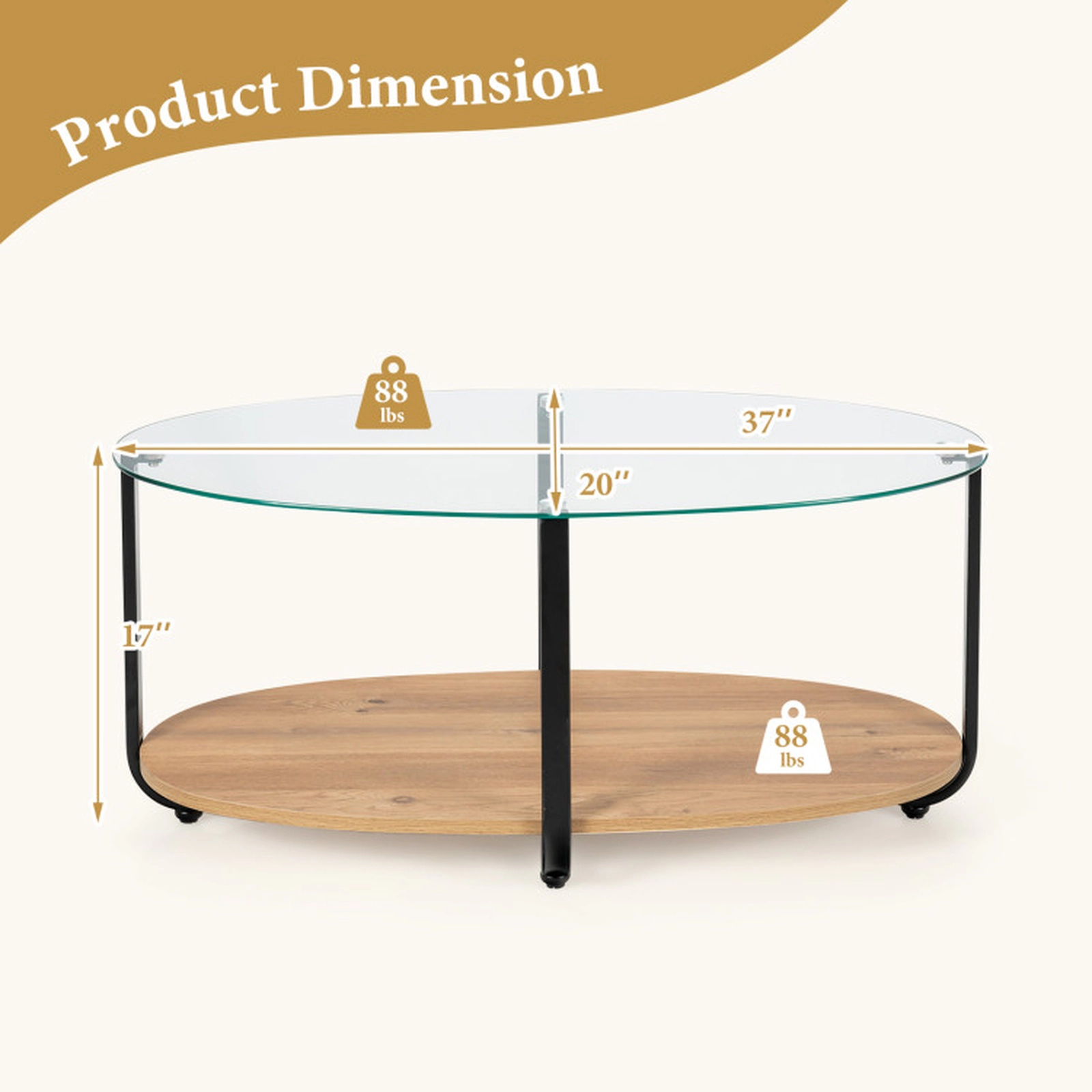 SUGIFT 2-Tier Glass-Top Oval Coffee Table with Wooden Shelf 88-Lb Per Layer Capacity Brown