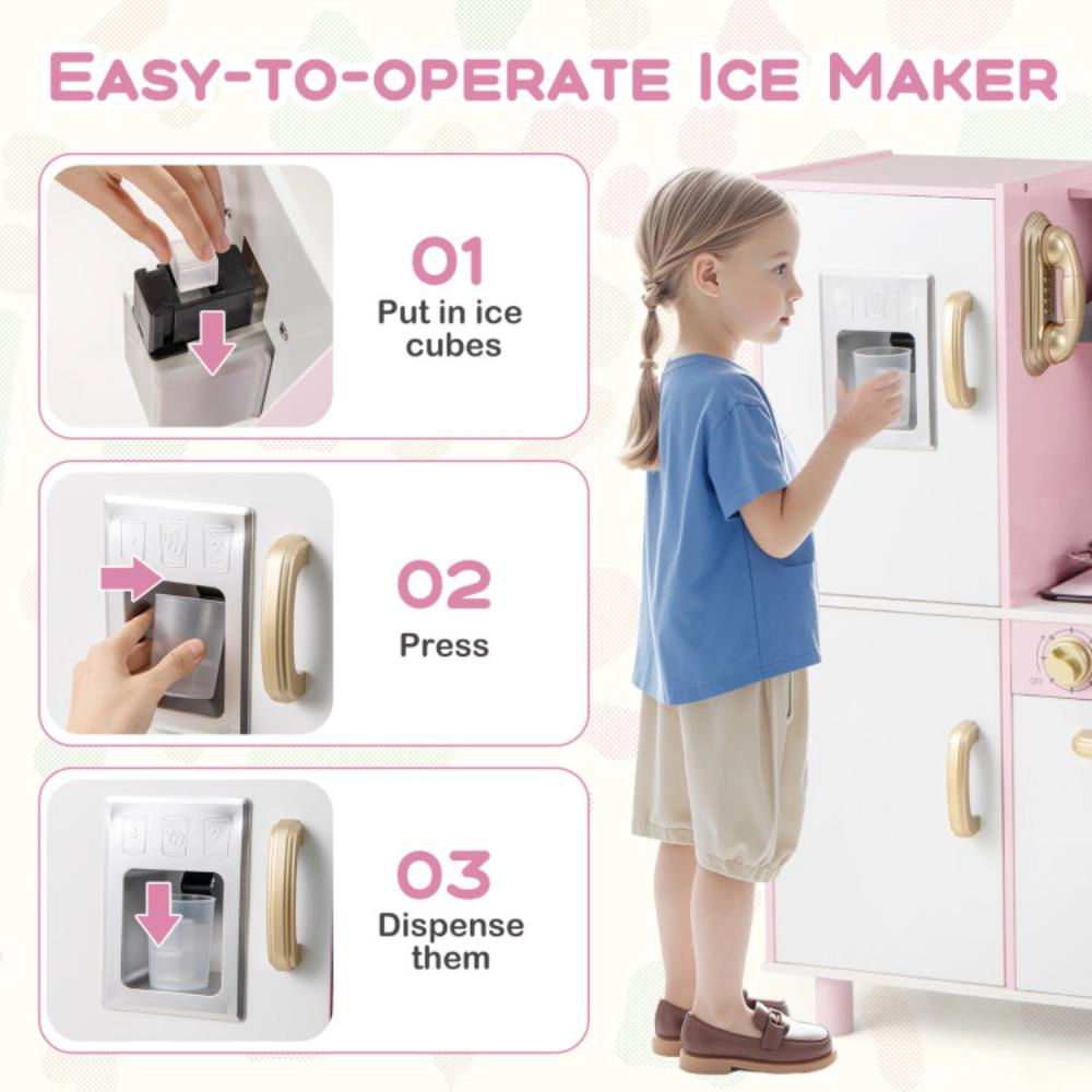 Hivvago Wooden Kitchen Playset with Ice Maker and Sounds for Ages 3+-Pink