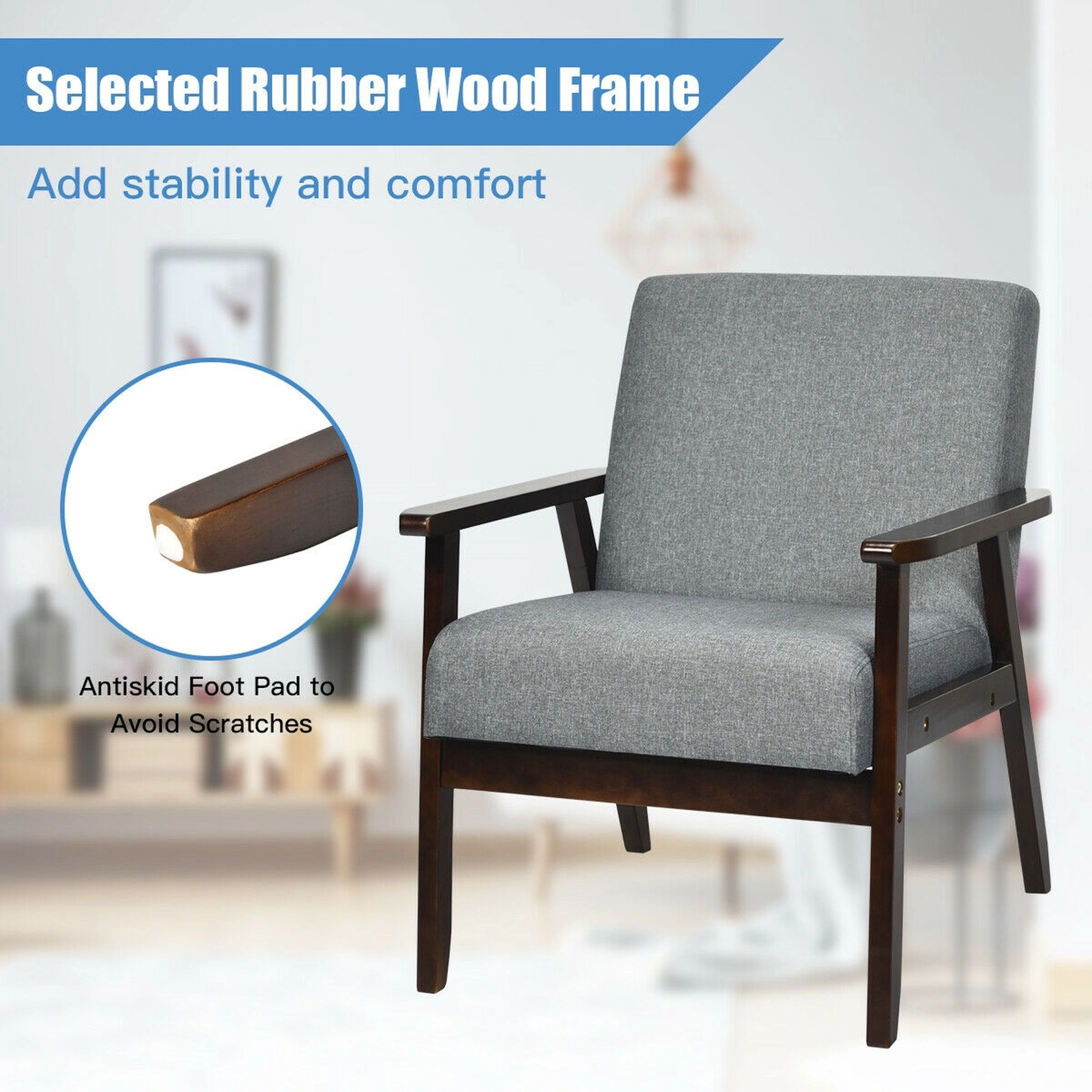 SUGIFT Accent Armchair Gray Linen Upholstered Chair with Solid Rubber Wood Frame