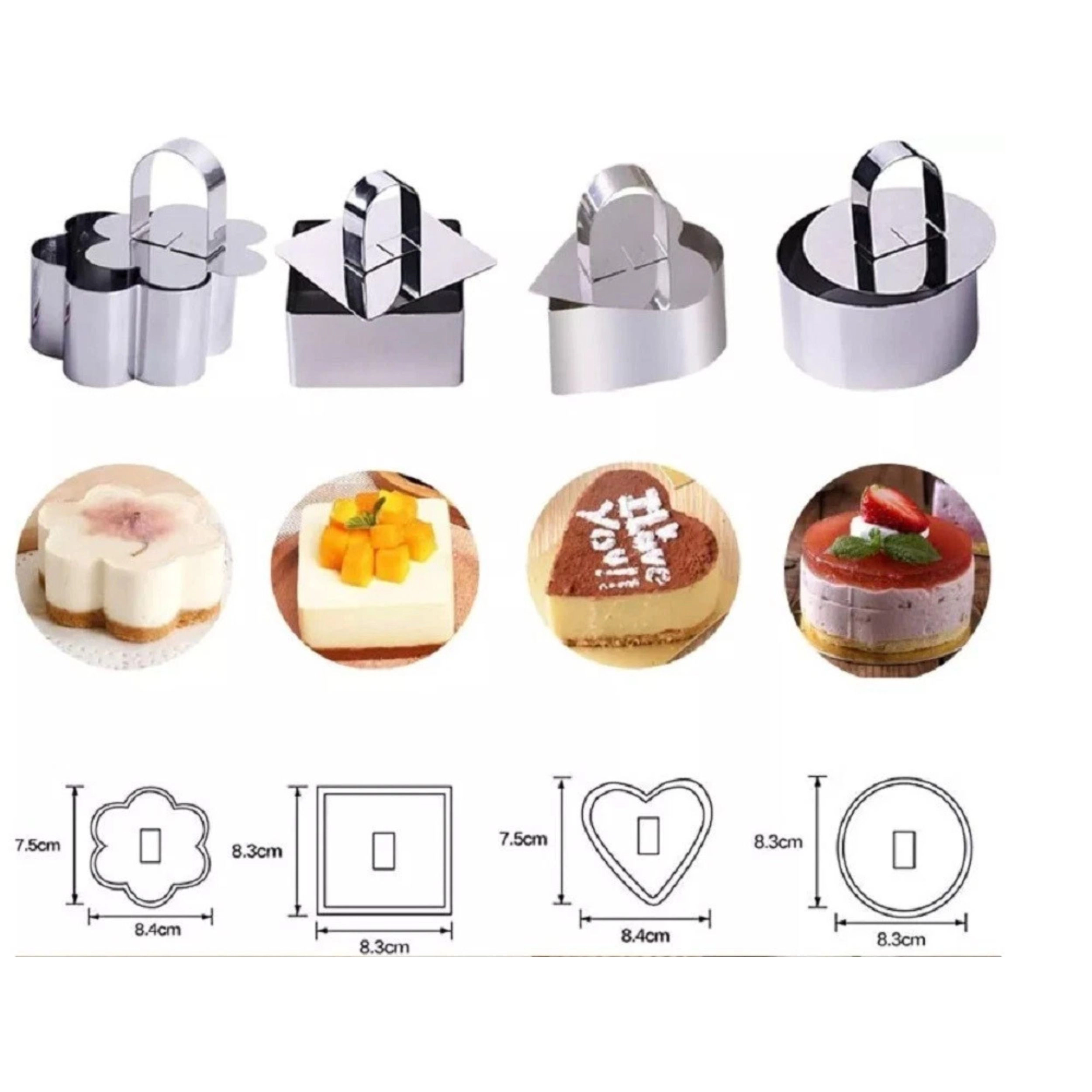 Home Collection Pack of 4 Stainless Steel Mousse Ring Mold Set with Pusher Tools