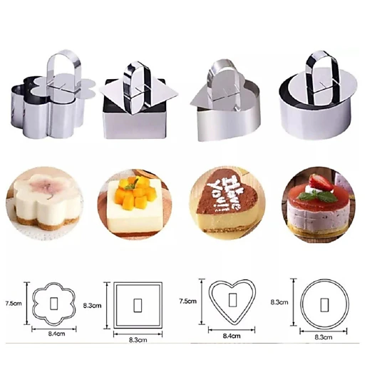 Home Collection Pack of 4 Stainless Steel Mousse Ring Mold Set with Pusher Tools