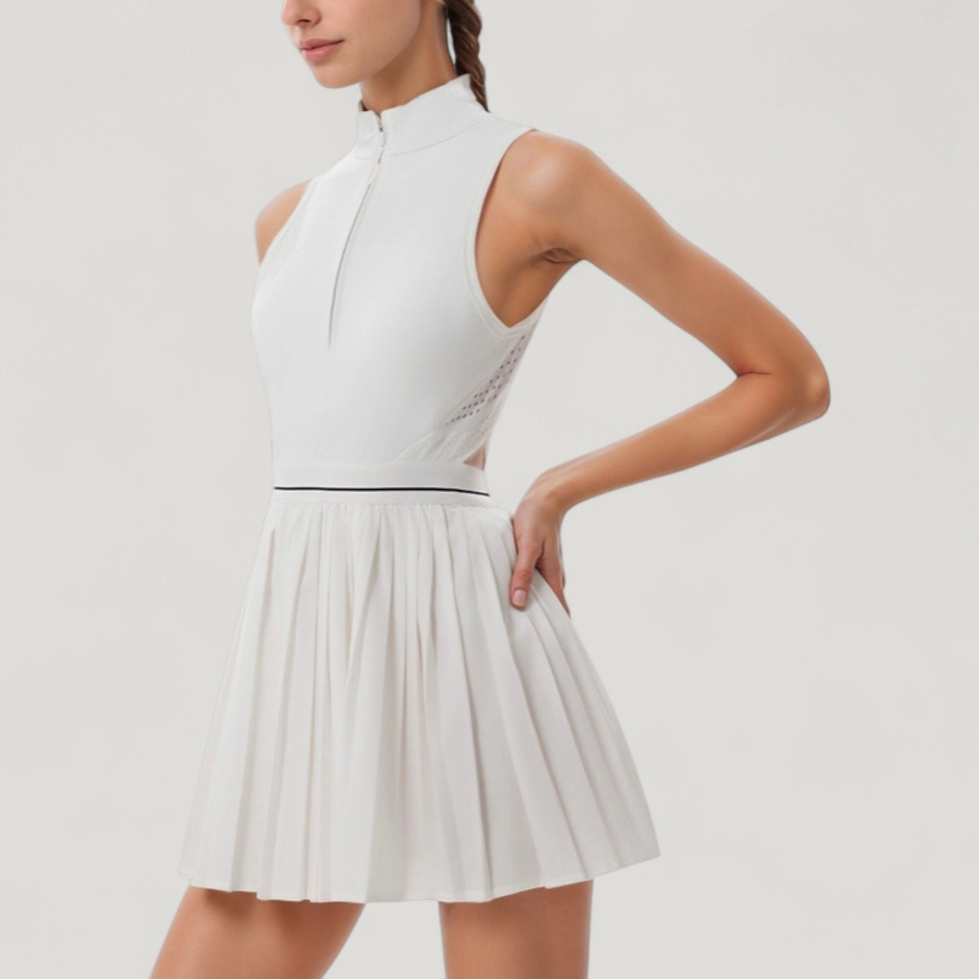Anna-Kaci Women's Sleeveless Zip-Front High Neck Tennis Dress with Pleated Skirt and Contrast Waist Trim