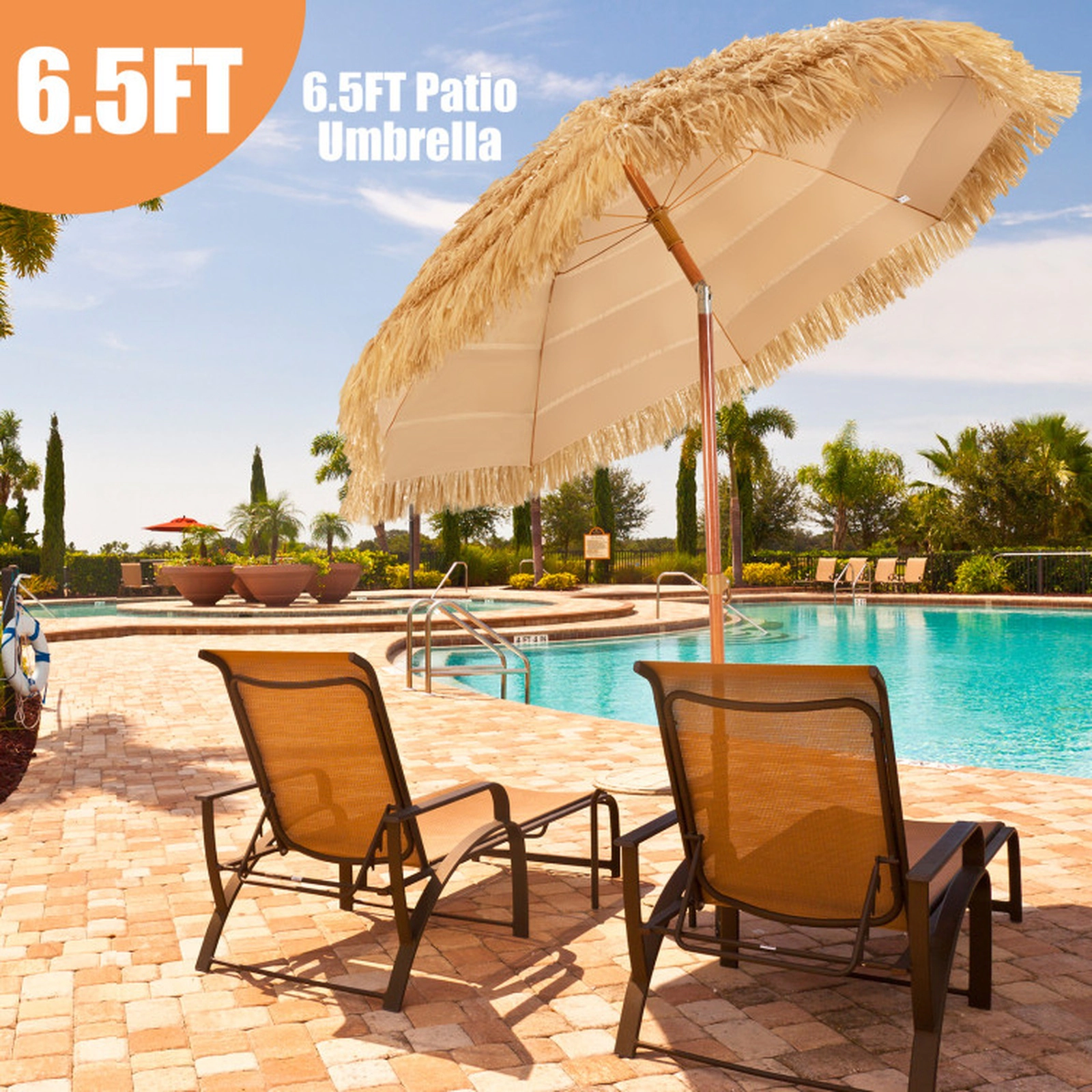 SUGIFT 6.5-ft Khaki Thatched Tiki Beach Umbrella with PP Canopy 8 Ribs Adjustable Tilt and Sand Pole