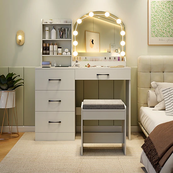 SUGIFT White Makeup Vanity Desk Set with Stool, LED Mirror and Charging ...