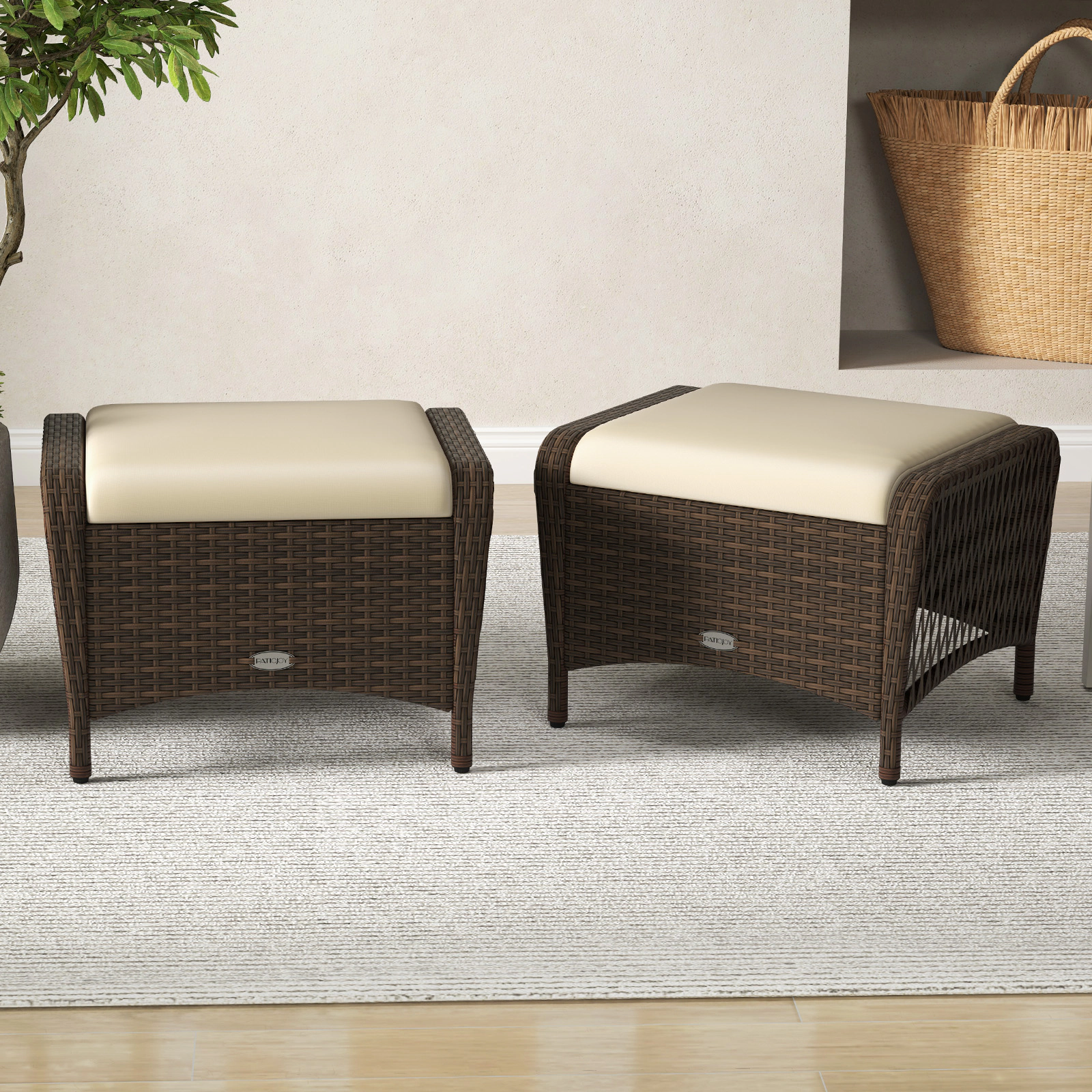 LJG Set of 2 Outdoor Patio PE Wicker Ottomans with Removable Cushions