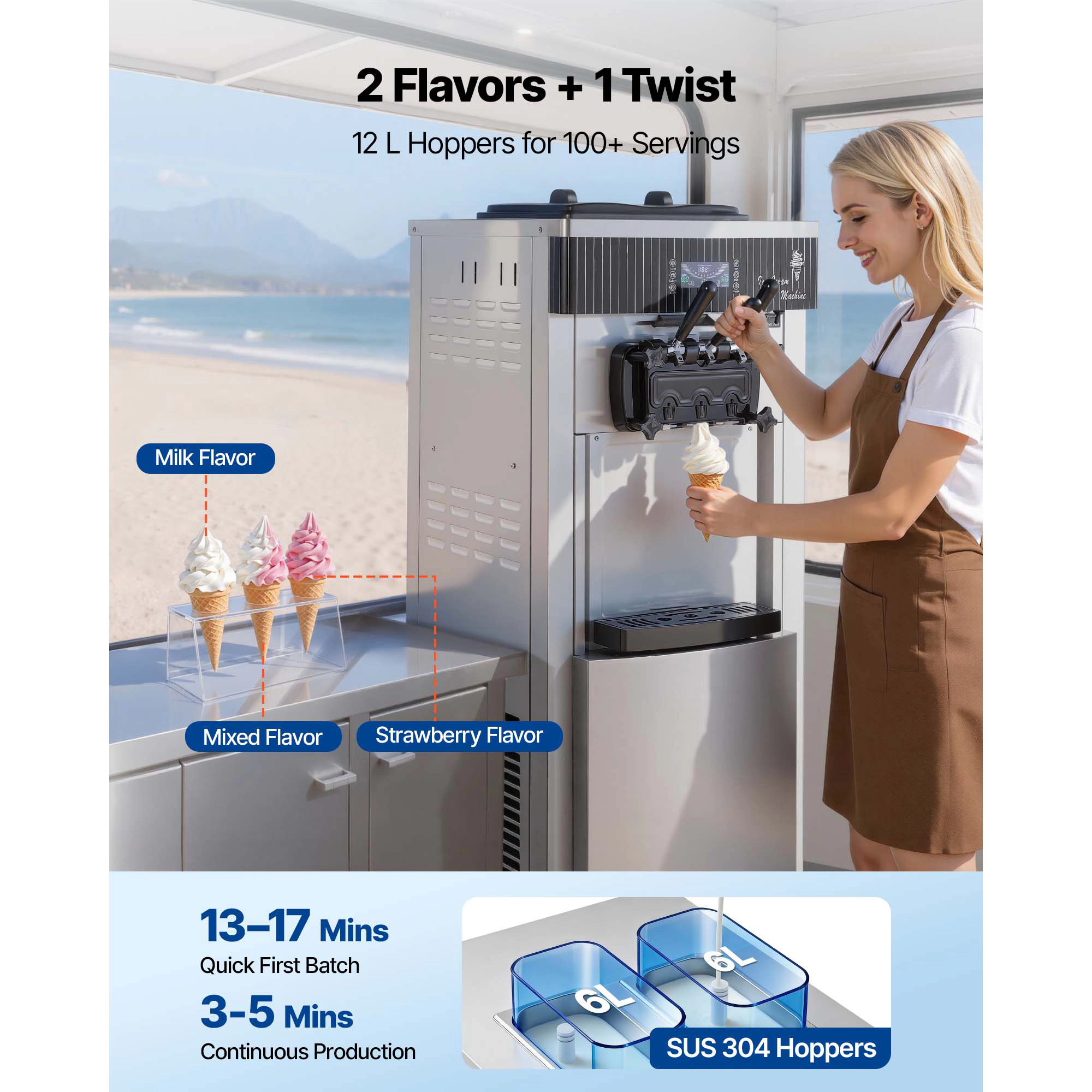 HONGGE Commercial Ice Cream Machine 20-28L/H Yield, 2200W