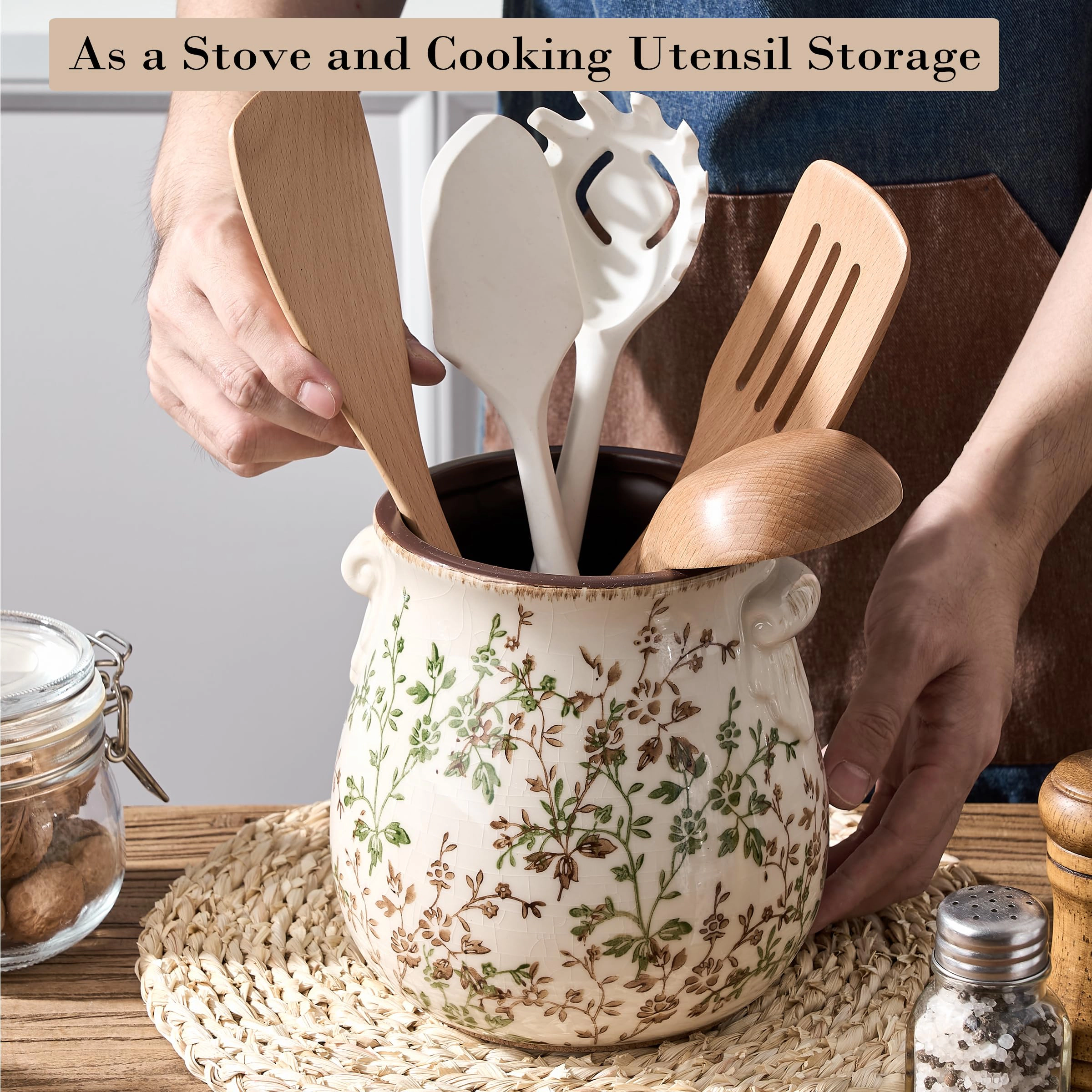 WZK Modern Farmhouse Ceramic Rustic Floral Kitchen Utensil Holder