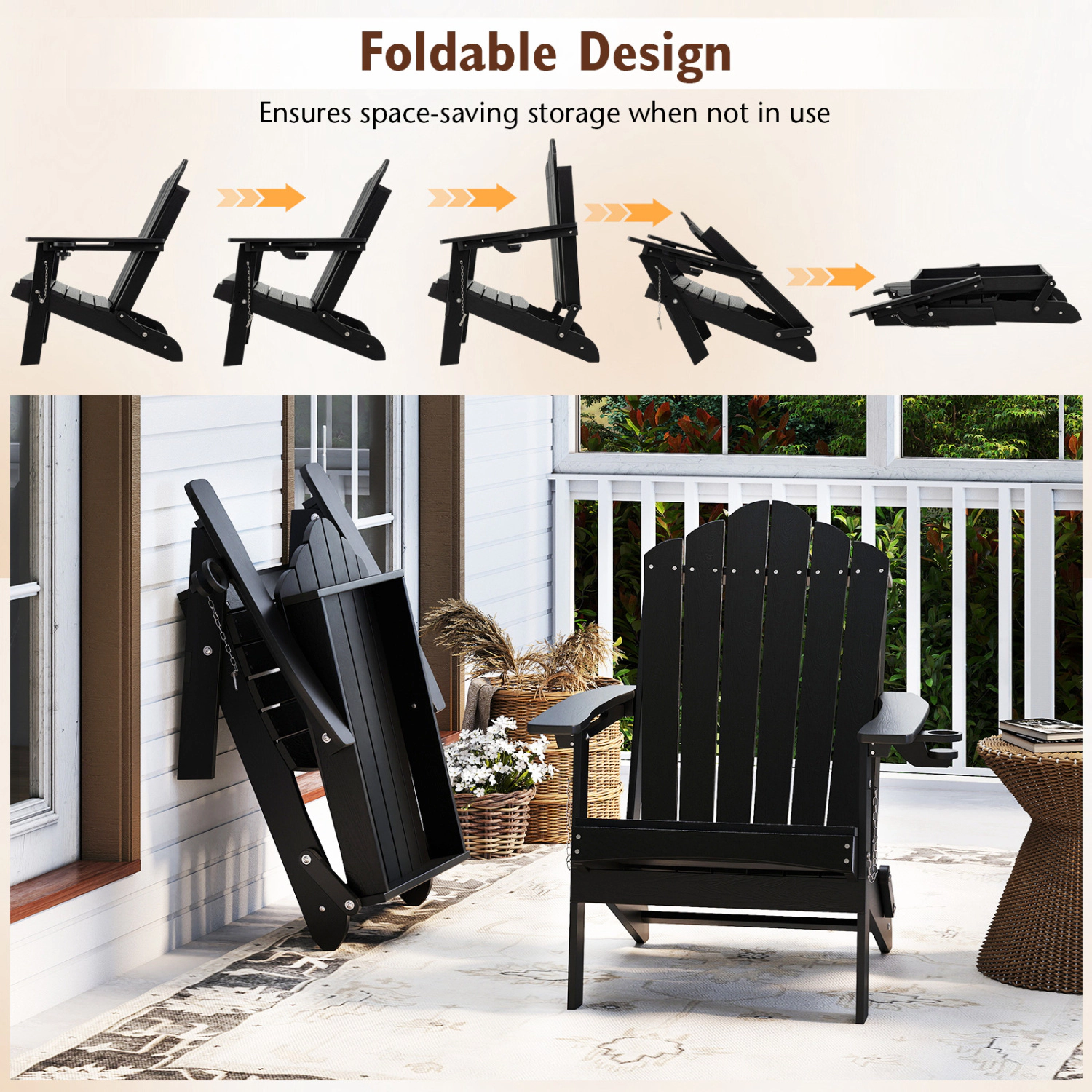 LJG Weather Resistant HDPE Folding Adirondack Chair with High Backrest for Backyard