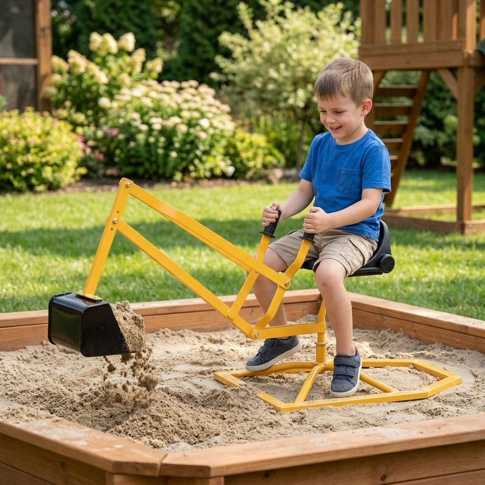 Kids Ride-On Sand Digger Excavator 44-in Steel Sandbox Toy 360-Degree Swivel Seat Rubber Grip Handles 88-lb Ages 4-12