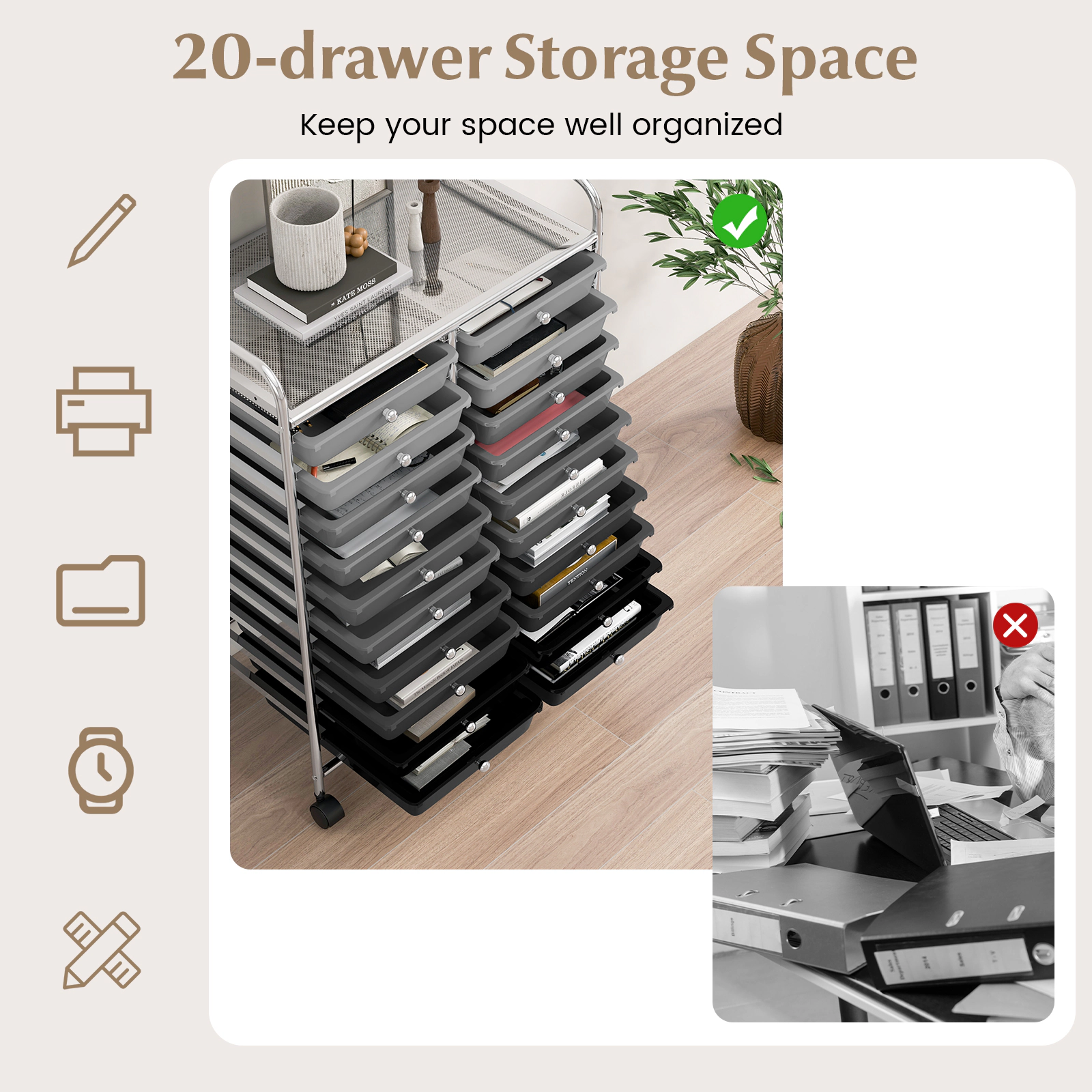 SUGIFT 20-Drawer Rolling Cart Inventory and Shipping Supply Organizer with Locking Wheels for Office