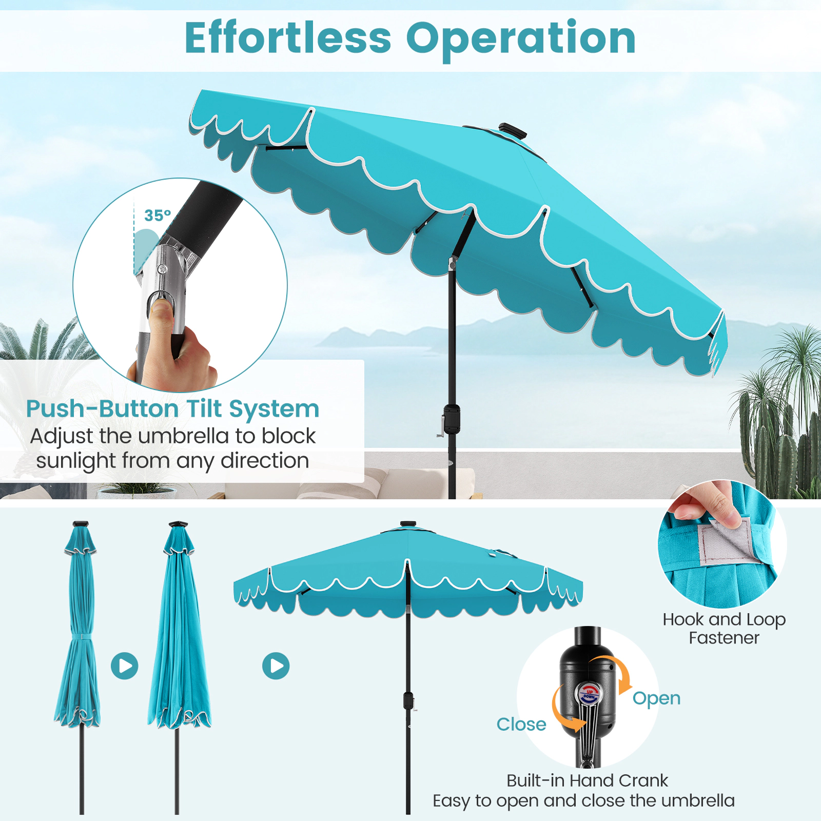 SUGIFT 9.3-ft Solar Patio Umbrella with 24 LED Lights Vented Ruffled Polyester Canopy 16-lb Metal Frame Turquoise