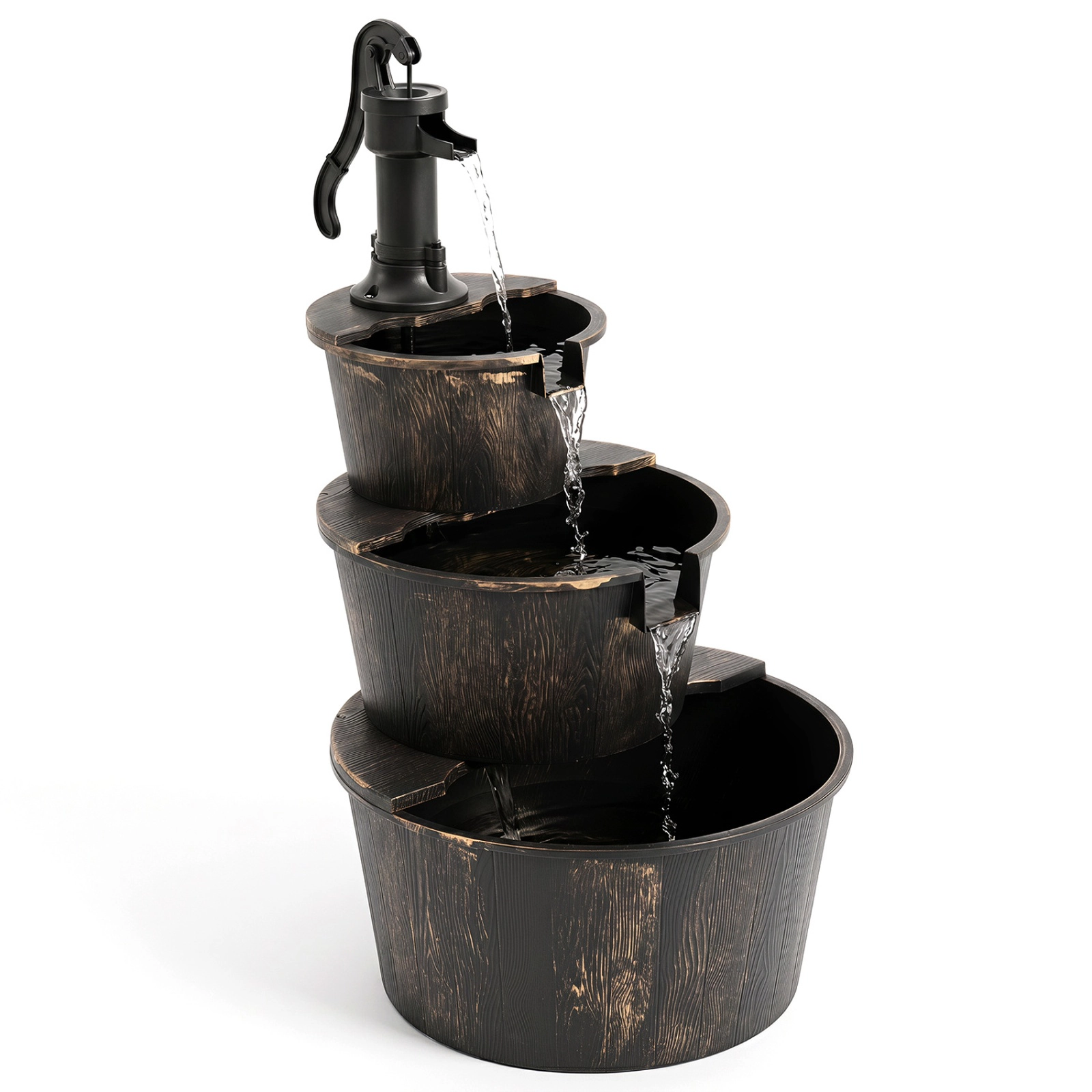 SUGIFT 3-Tier 37-in Outdoor Waterfall Barrel Water Fountain with Electric Pump and Bronze Finish
