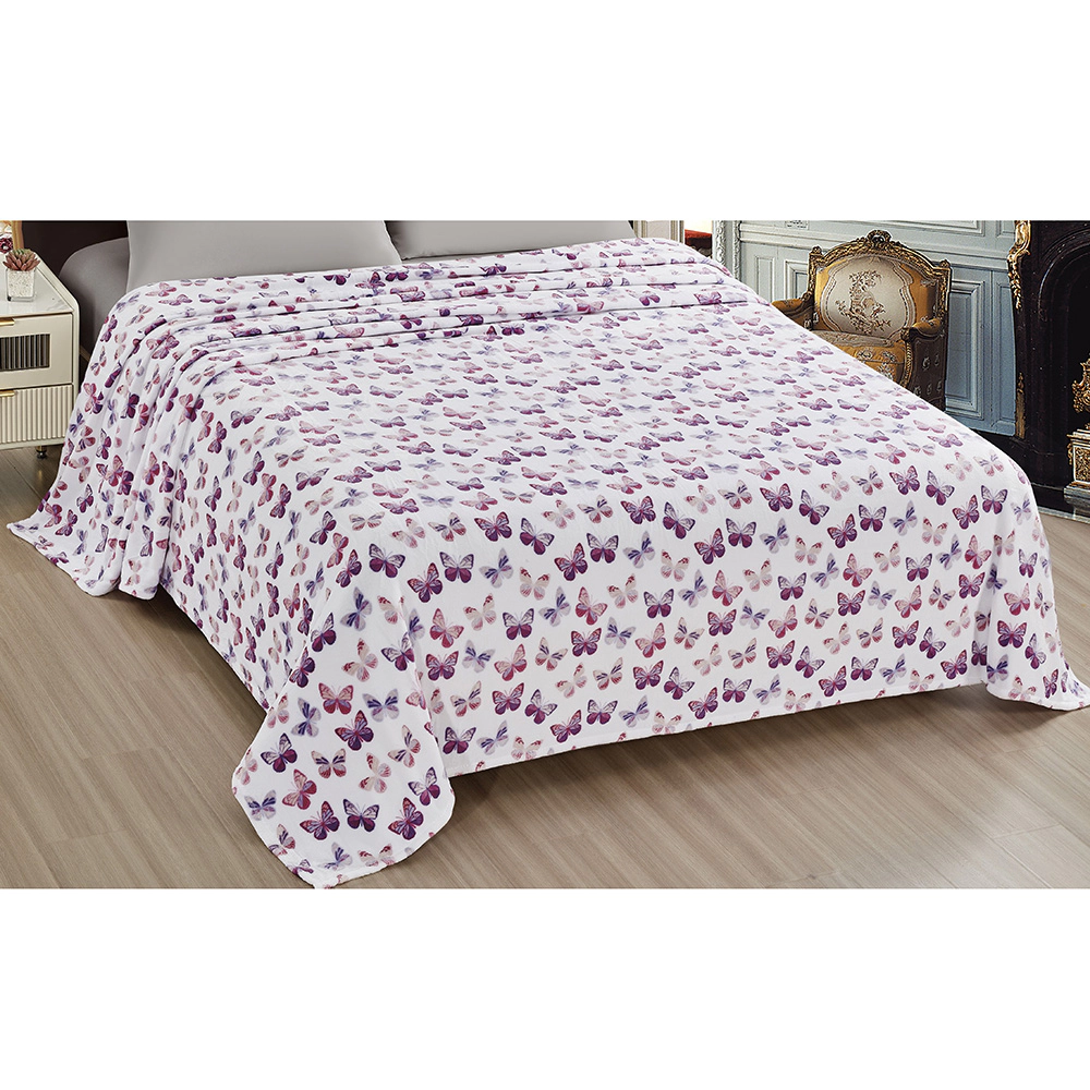 Plazatex Luxurious Ultra Soft Lightweight Rose Butterfly Printed Bed Blanket White/Purple 90" x 90"