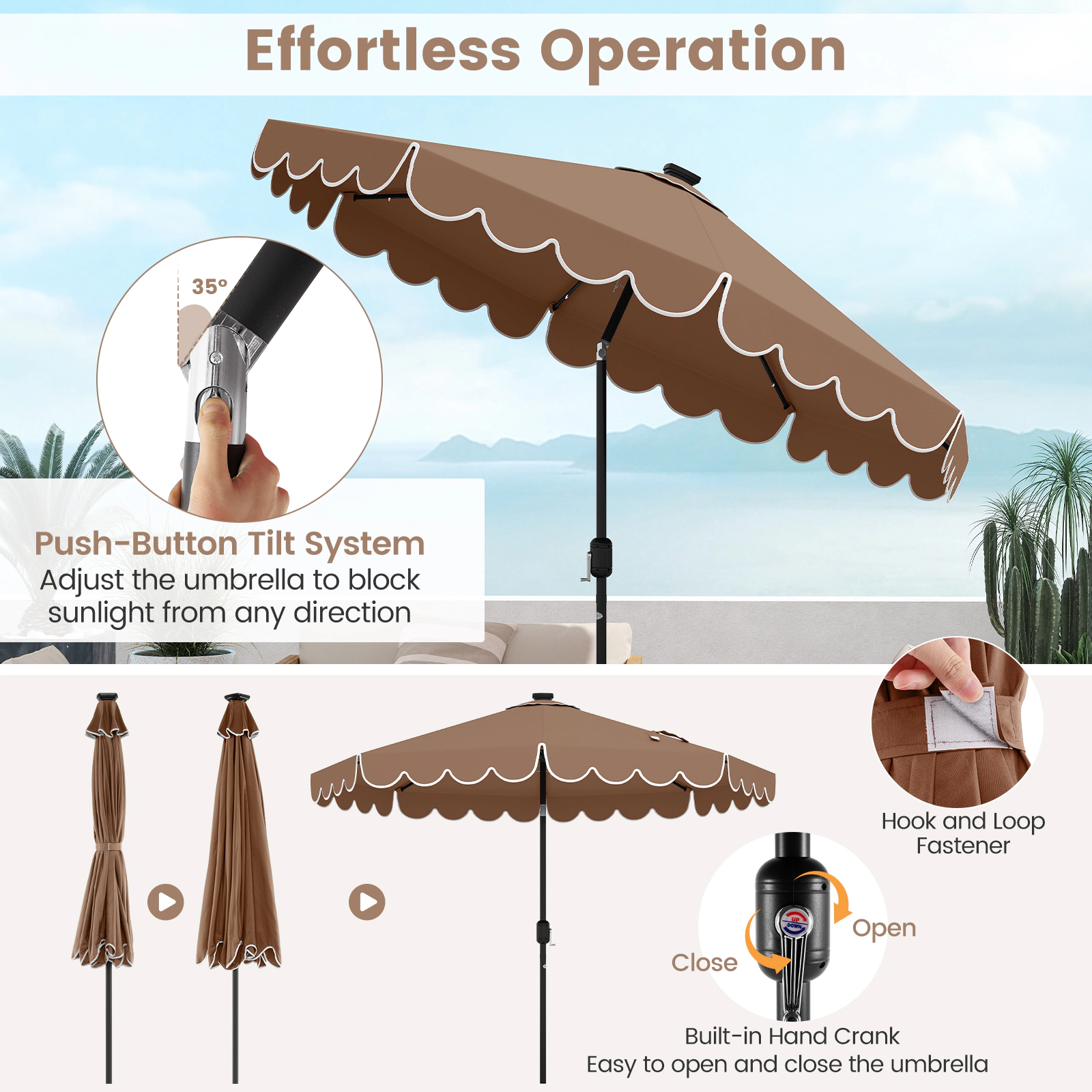 SUGIFT 9.3-ft Solar Patio Umbrella with 24 LED Lights 2-Section Crank Tilt Vented Ruffled Canopy Coffee