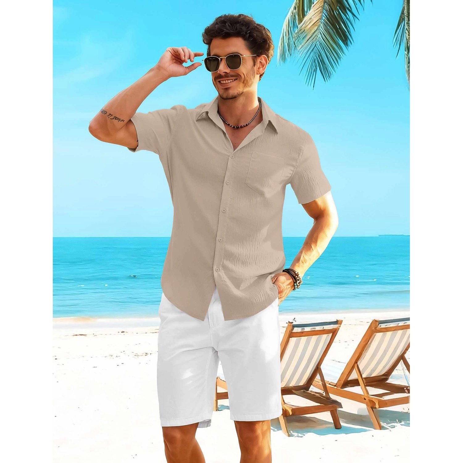 COOFANDY Mens  Short Sleeve Button Down Shirts Lapel Collar Casual Loose Tops