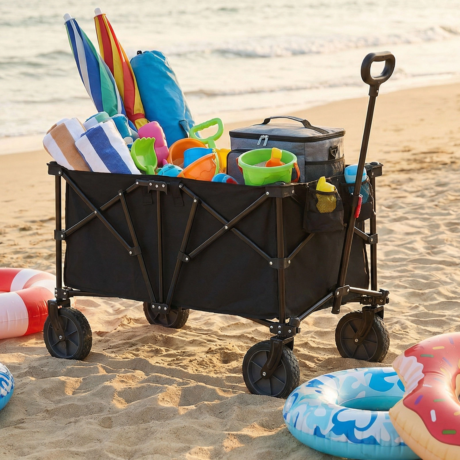 SUGIFT Black 400-lb Capacity Collapsible Foldable Utility Wagon Cart with Zippered Cover and Cup Holders