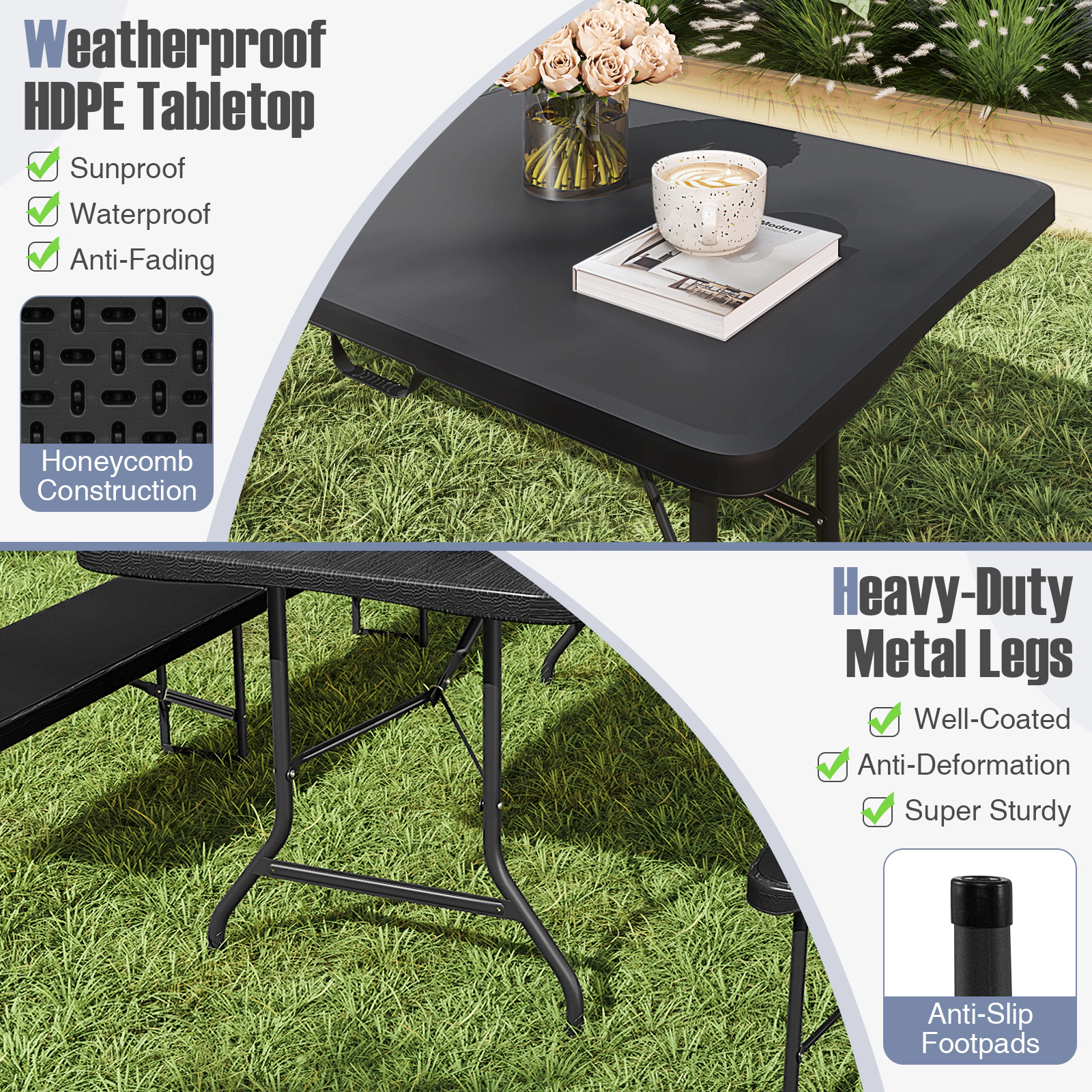 SUGIFT 8-Foot Folding Table, 350 lb Capacity, HDPE Top, Fold-in-Half Design, Black