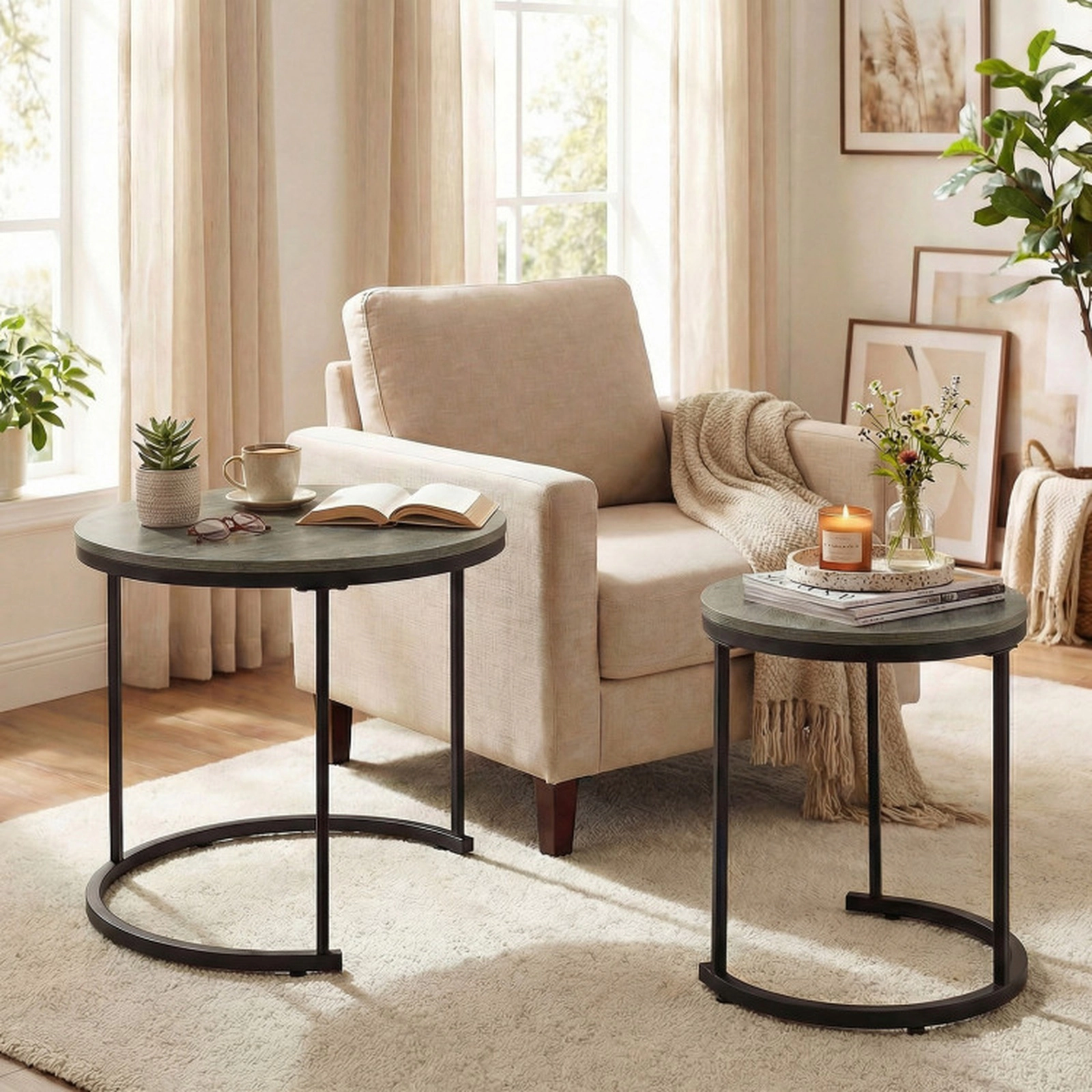 SUGIFT Set of 2 Modern Round Stacking Nesting Coffee Tables with MDF Top and Steel Frame 24-in Table Rustic Brown/Brown