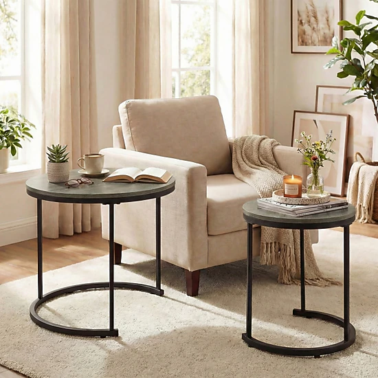 SUGIFT Set of 2 Modern Round Stacking Nesting Coffee Tables with MDF Top and Steel Frame 24-in Table Rustic Brown/Brown