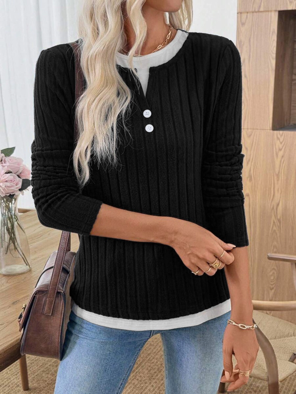 Women's Crew Neck Brushed Long Sleeve Button Pullover Fall Winter Tops