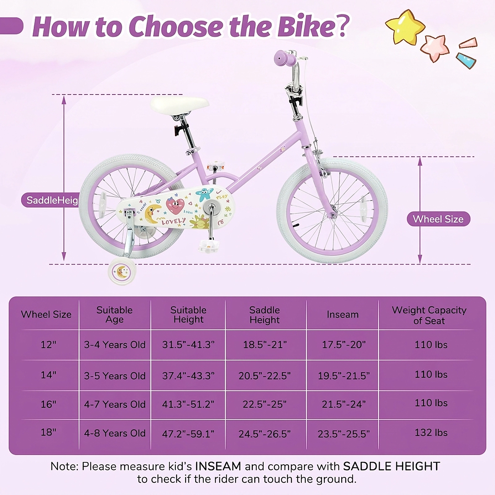 18-in Kids Bike Anti-Slip Handlebars Pedals Kickstand 2 Removable Training Wheels Ages 4-8 Purple Stars/Moon