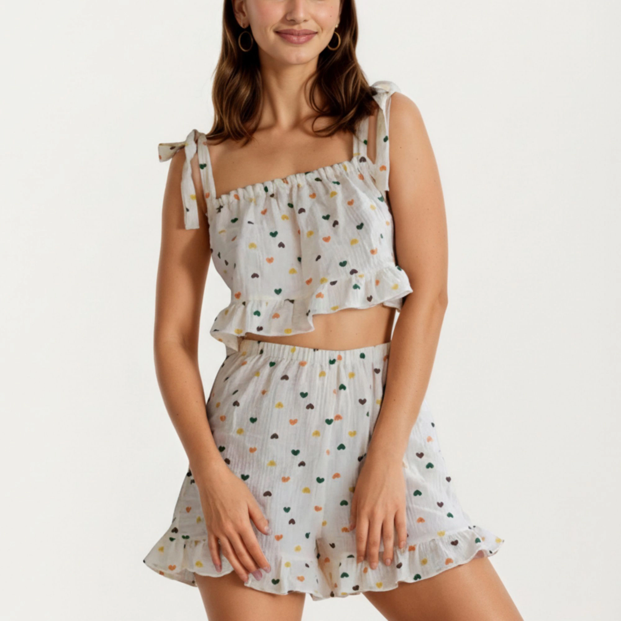 Anna-Kaci Women's Valentine Ruffle Hem Pajama Set with Tie Strap Crop Top and Multicolor Heart Print