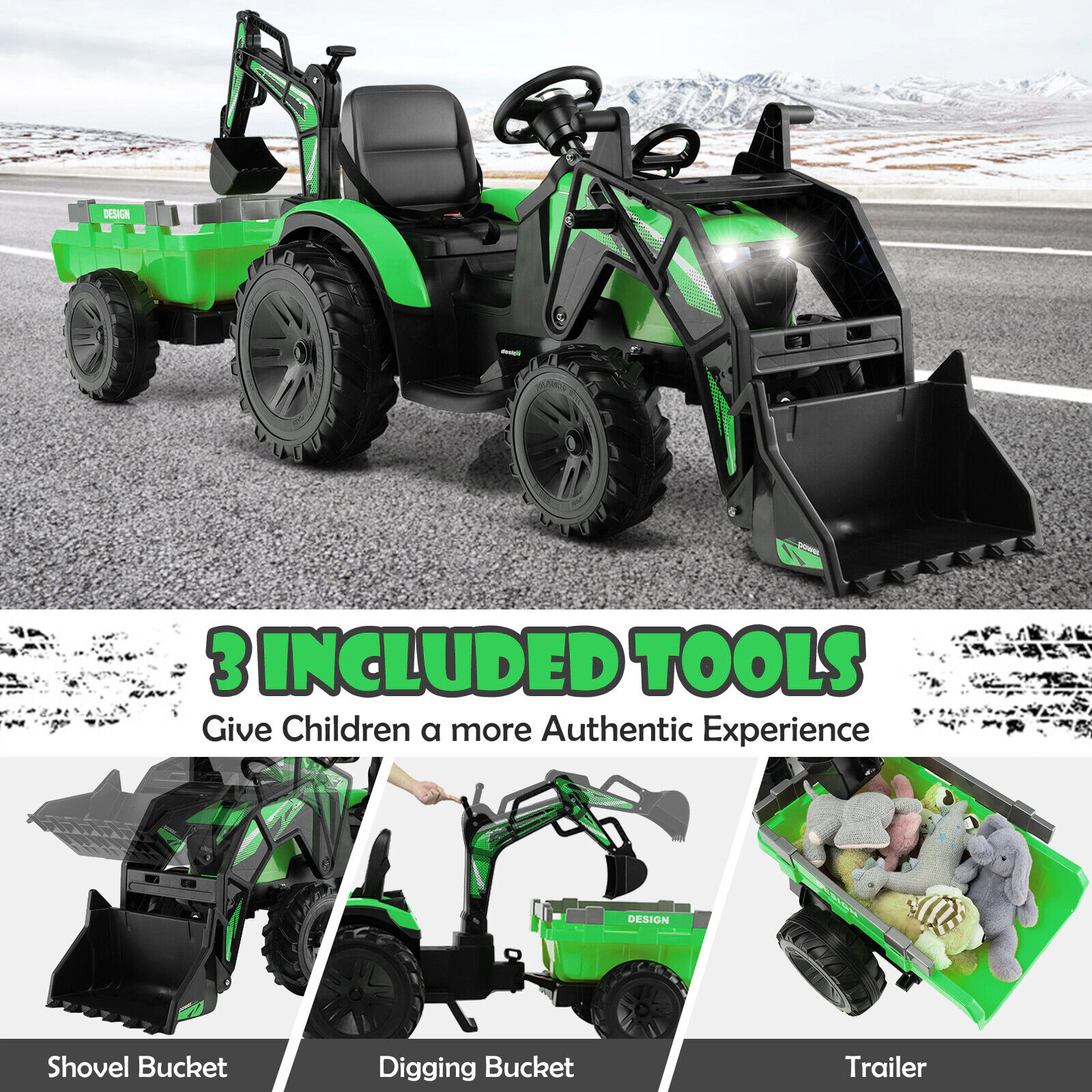 SUGIFT Green Shovel Bucket Trailer and Music Kids 12V 3 in 1 Ride On Excavator Tractor