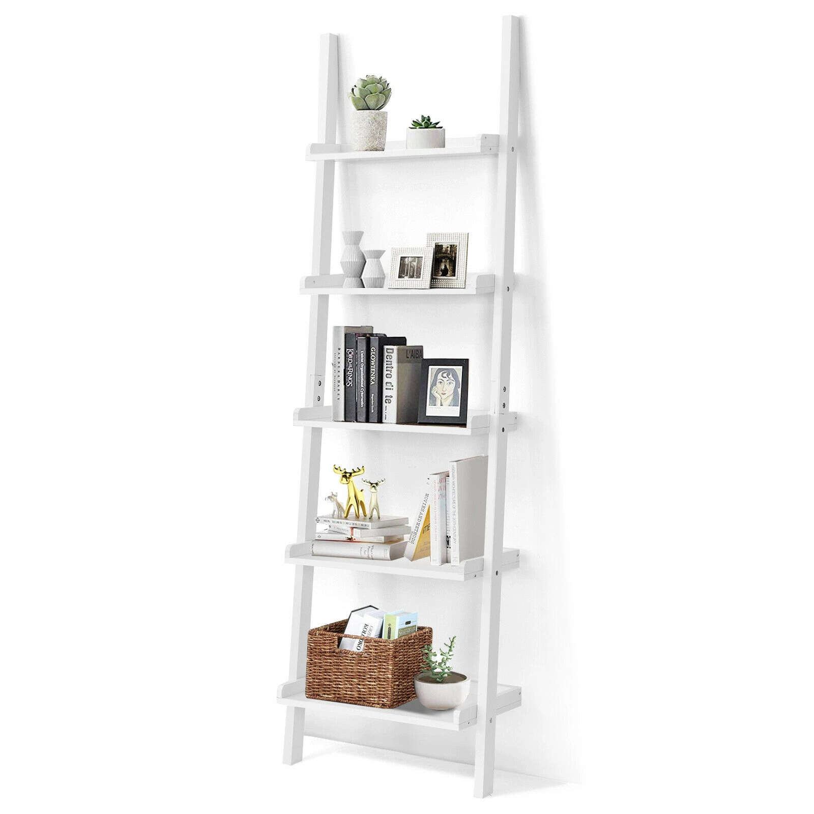 SUGIFT 5-Tier Wall-leaning Ladder Bookcase Shelf Display Rack 74.5-in Tall 11-lb Per Shelf MDF 1-Pc White