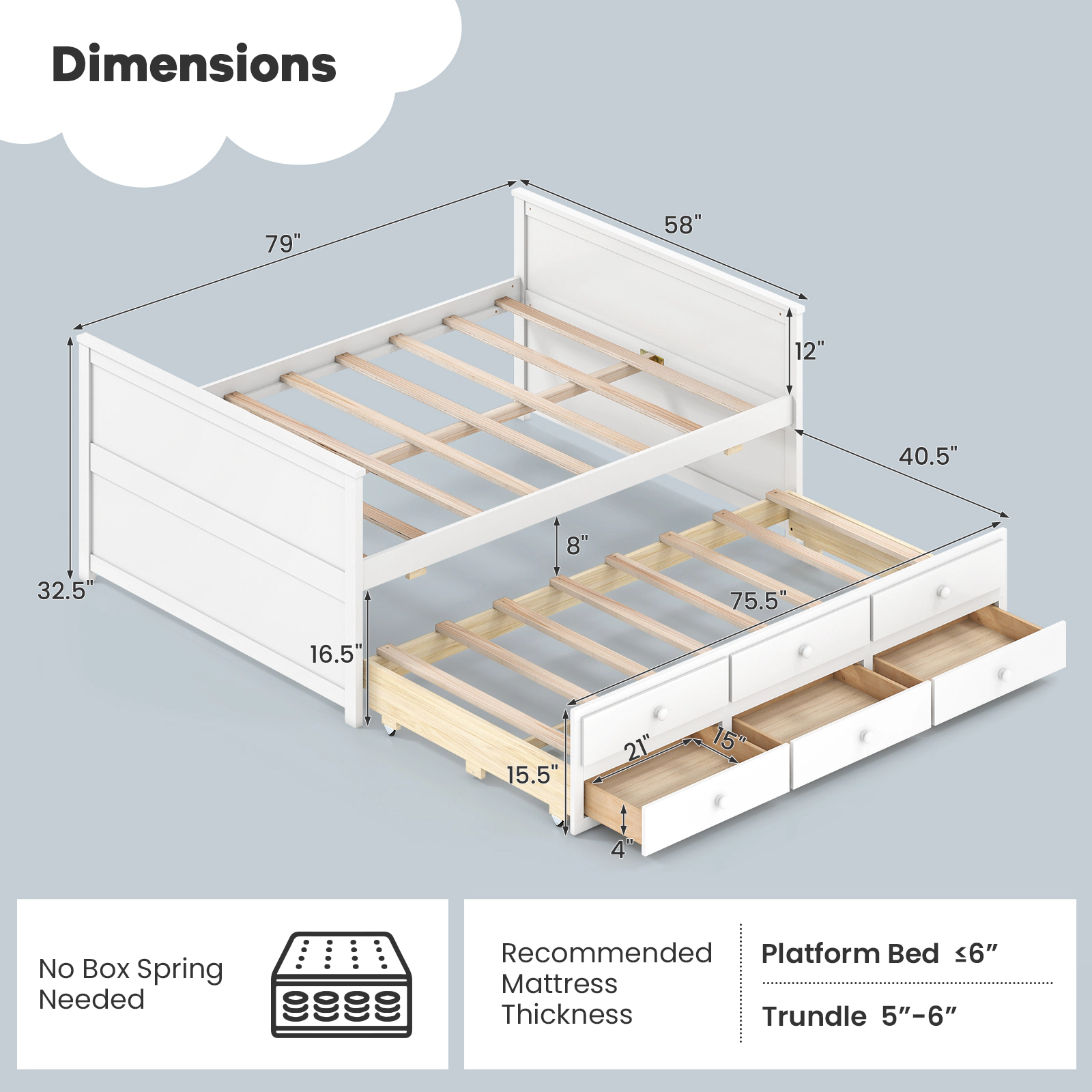 SUGIFT White Twin Trundle and 3 Storage Drawers Full Size Teens Bed Frame