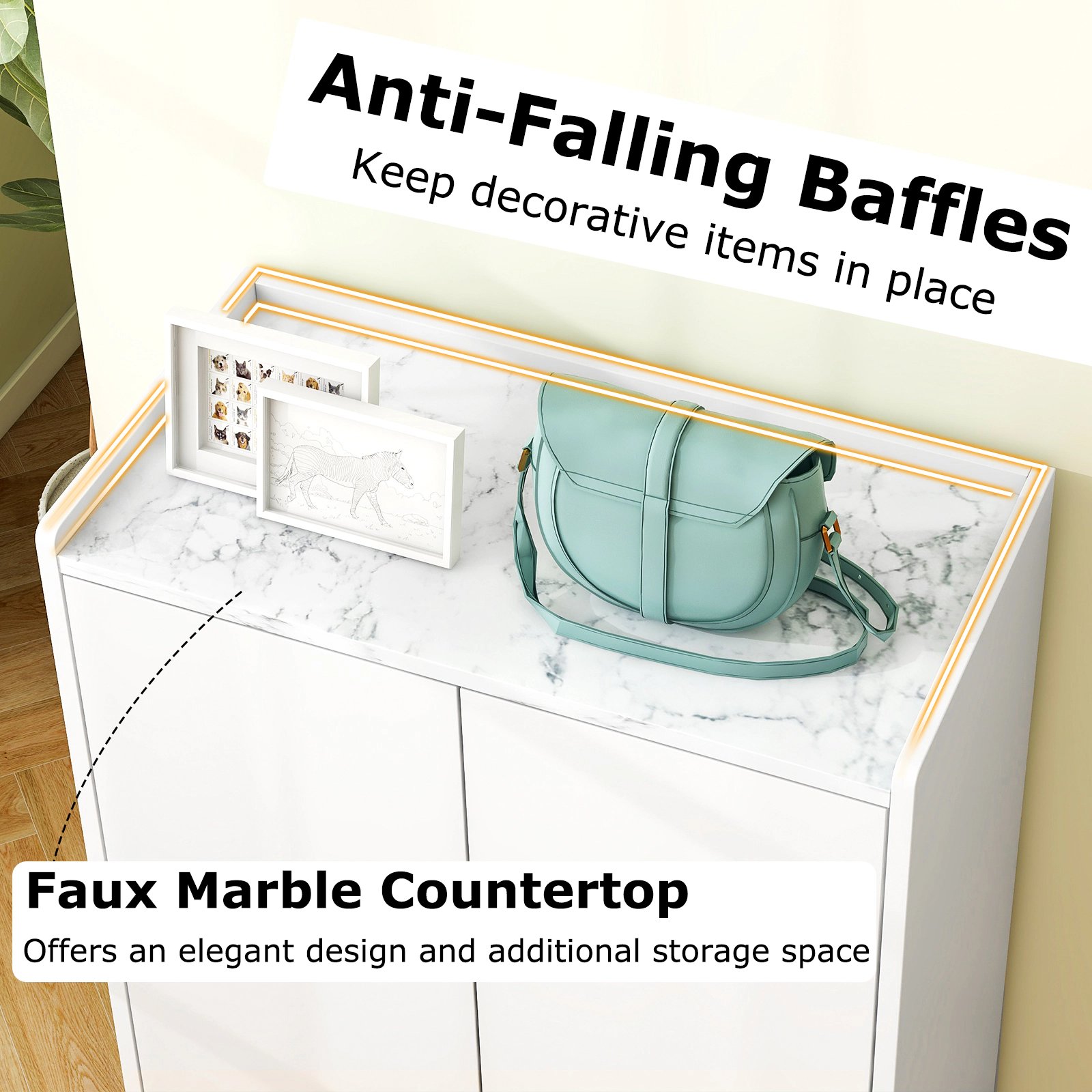 SUGIFT 5-Tier Shoe Cabinet Faux Marble Countertop Tilting Shelves 22-lb Top Capacity 22.5 x 11-in Shelf White & Gold