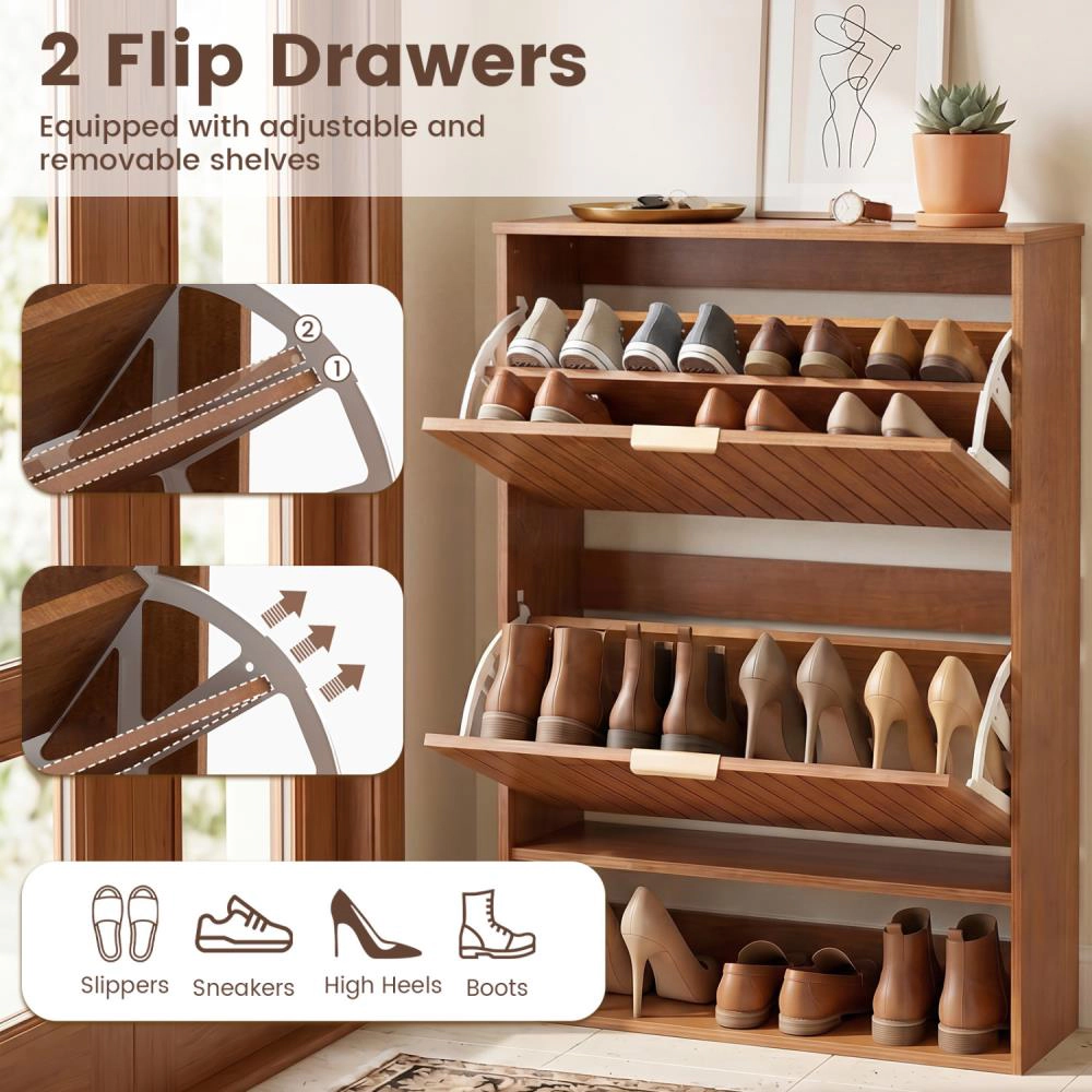 Hivvago Fluted Hidden Shoe Cabinet with 2 Flip Drawers and Open Storage