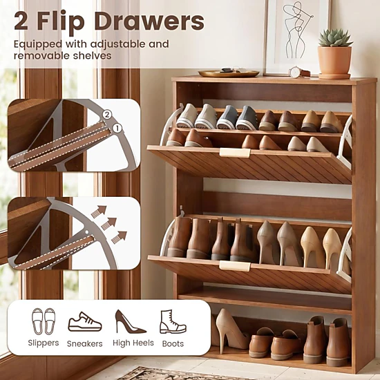 Hivvago Fluted Hidden Shoe Cabinet With 2 Flip Drawers And Open Storage
