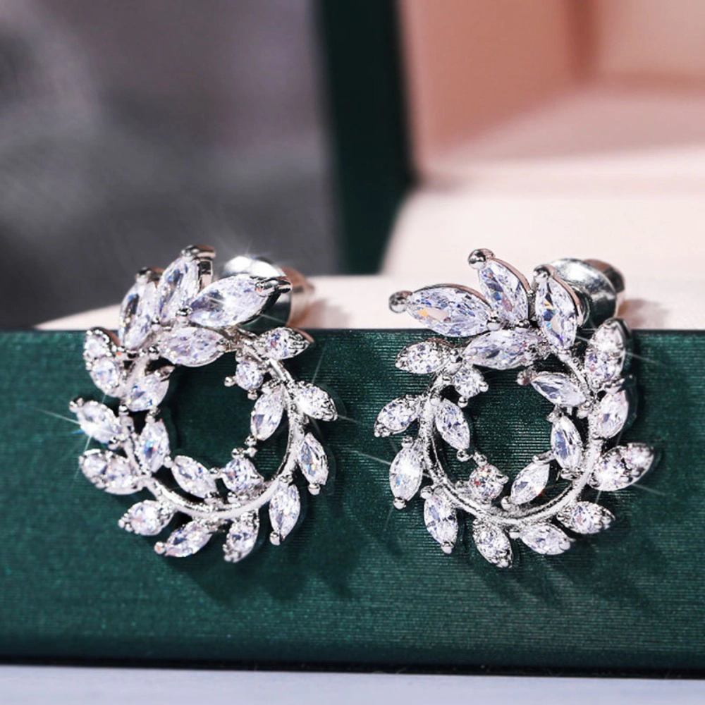 White Gold Plated Wheat Wreath Stud Earrings
