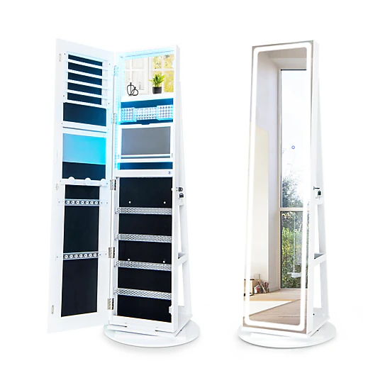 SUGIFT Standing Jewelry Cabinet with Adjustable LED Lights and Rotating Base Full-Length Mirror and Makeup Shelf White