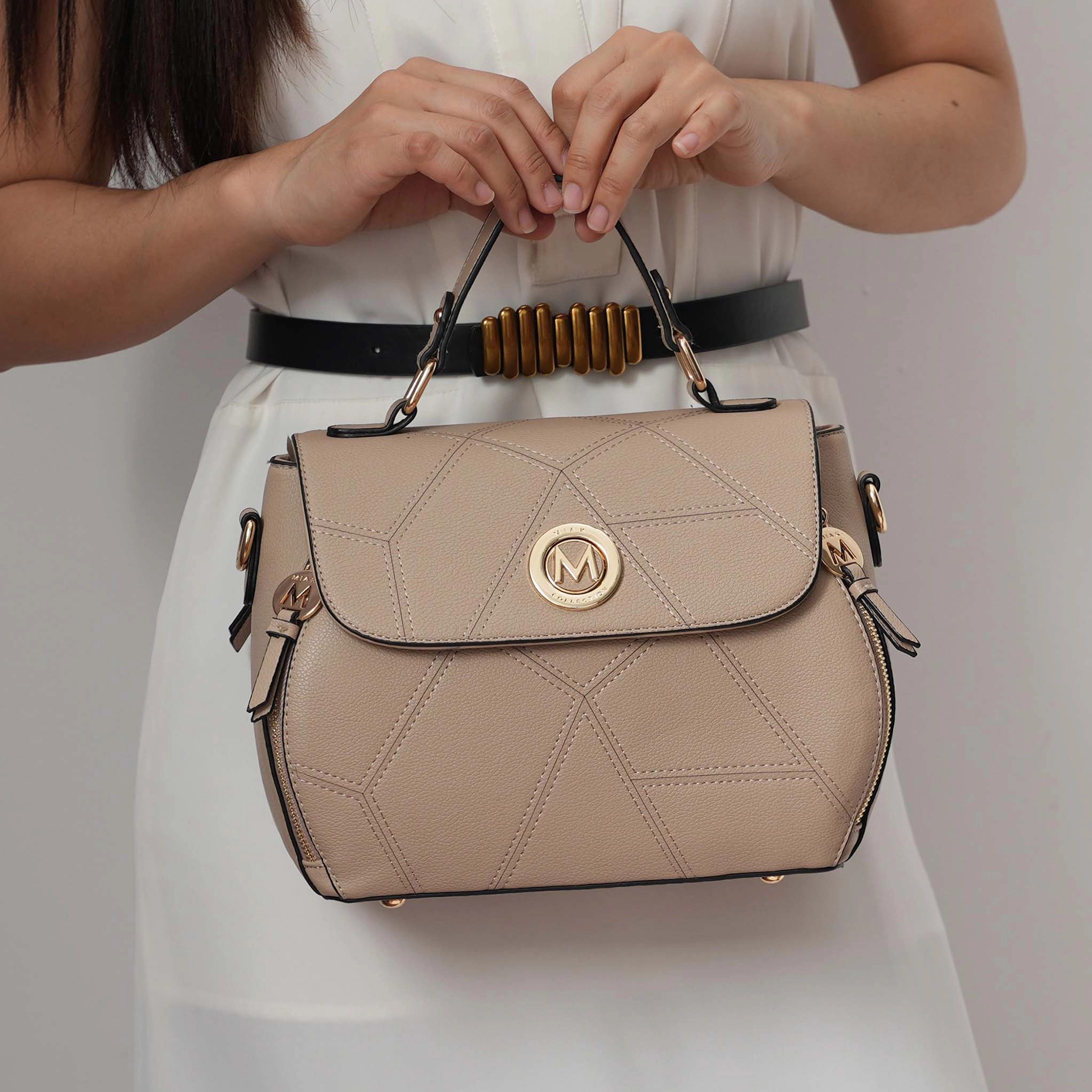 MKF Collection by Mia K Clementine Satchel Bag - Taupe Vegan Pebbled Leather, Gold-Tone Hardware