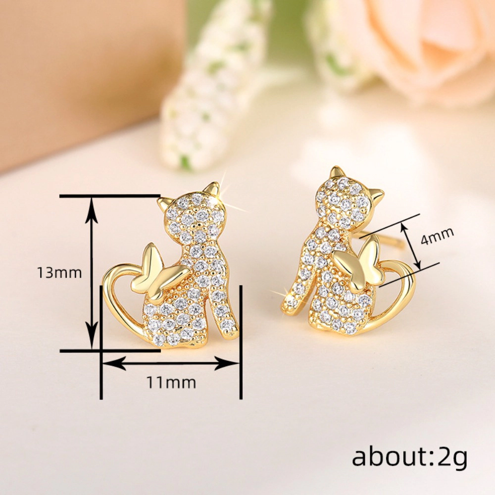 Wardrobe Whimsy Cat And Butterfly Stud Earrings Paved Cubic Zirconia Animal for Women