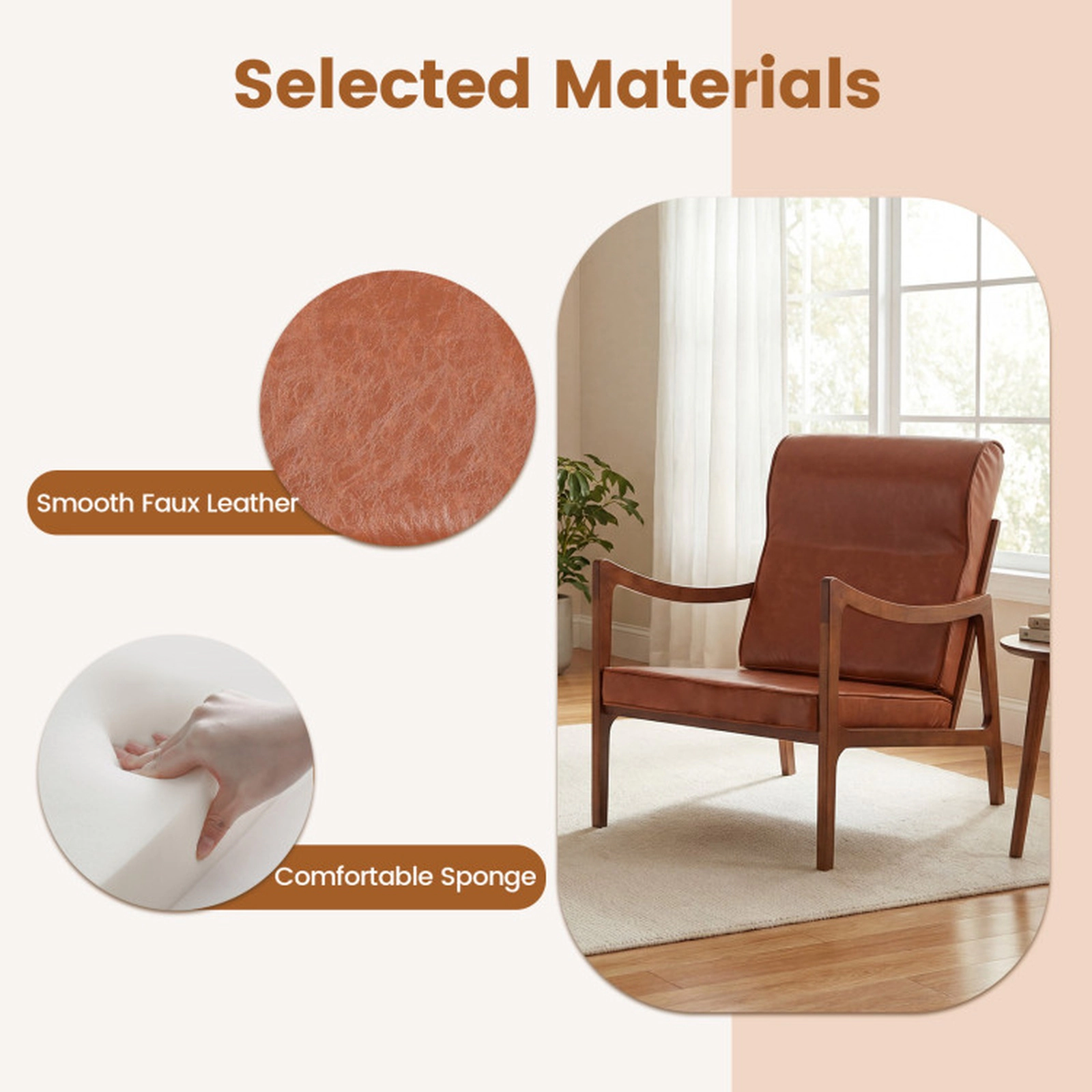 SUGIFT Brown Solid Rubber Wood Frame Removable Cushions and Lumbar Pillow Modern Accent Chair