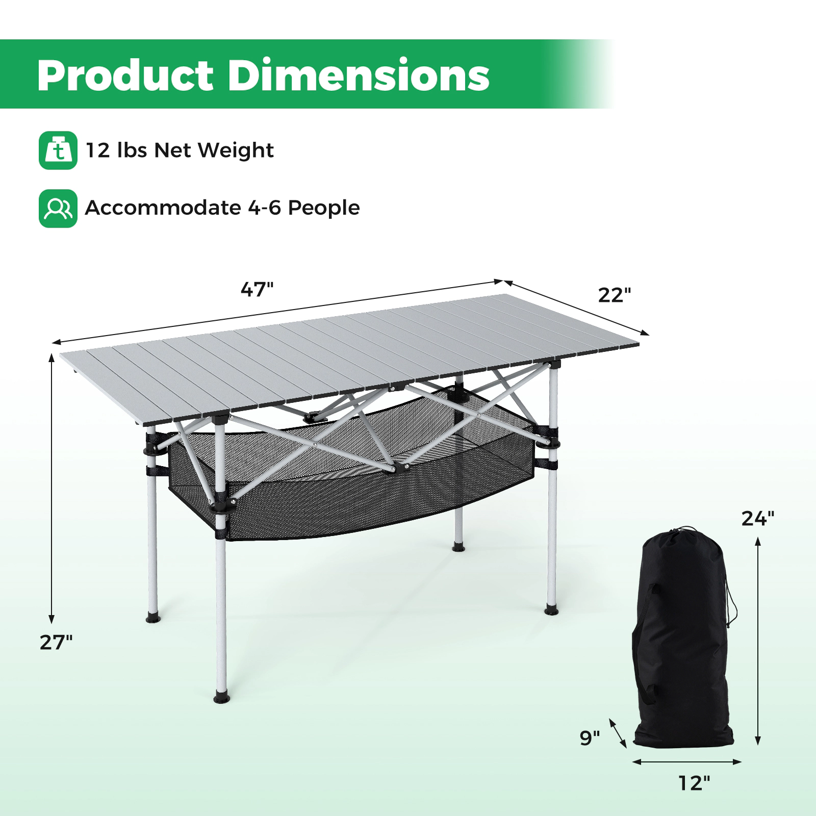 SUGIFT 47 x 22 in Folding Aluminum Camping Table with Roll-up Tabletop and Mesh Basket 220-lb Capacity Black/Silver