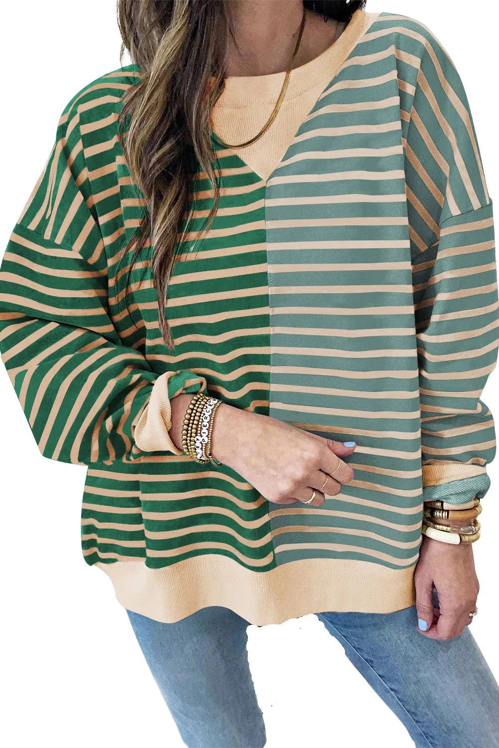 Sol Living Womens Stripe Casual Stripe Colorblock Drop Shoulder Oversize Sweatshirt