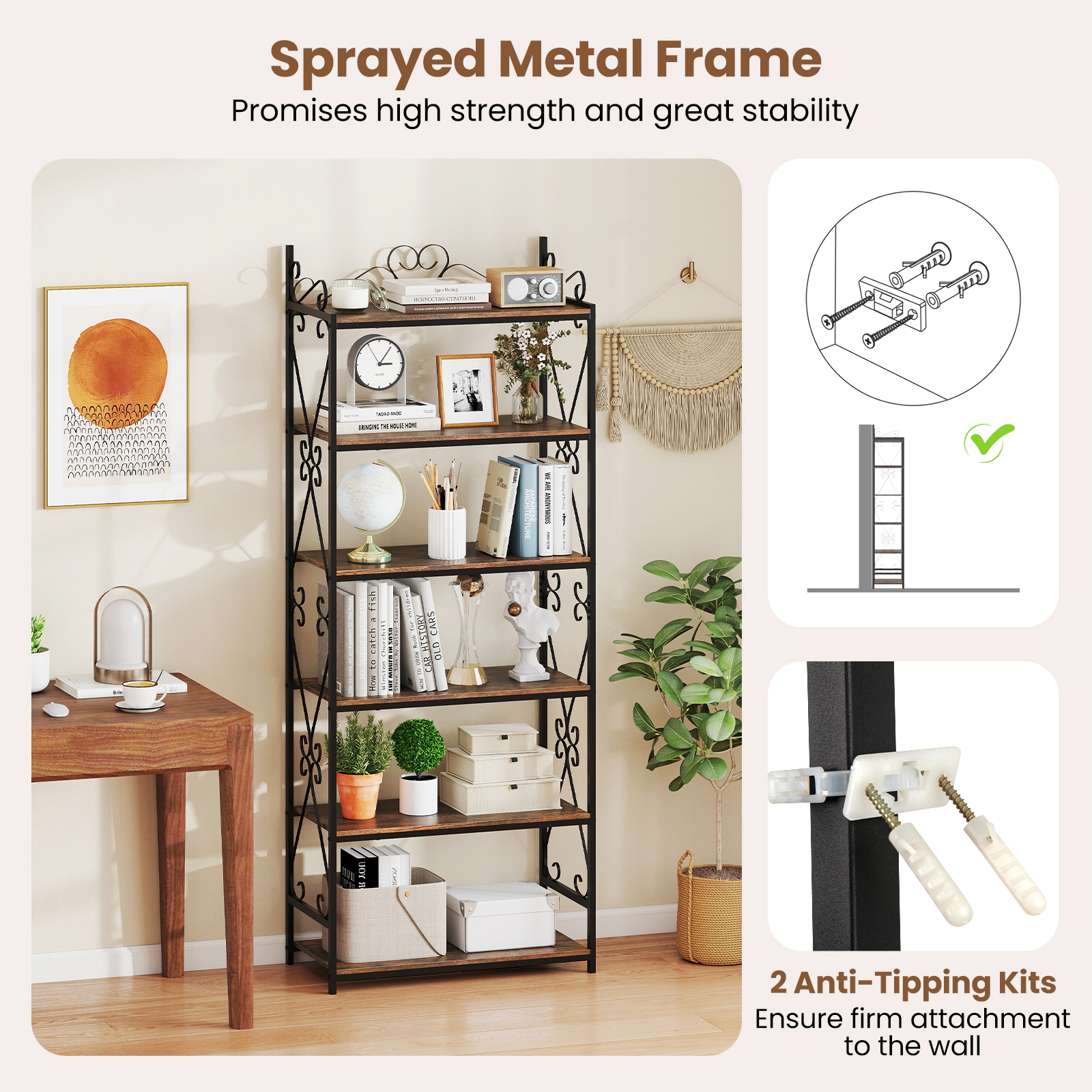 SUGIFT 6-Tier 71.5-in Tall Industrial Bookshelf with Scrollwork Metal Frame and 44-lb Shelves for Study