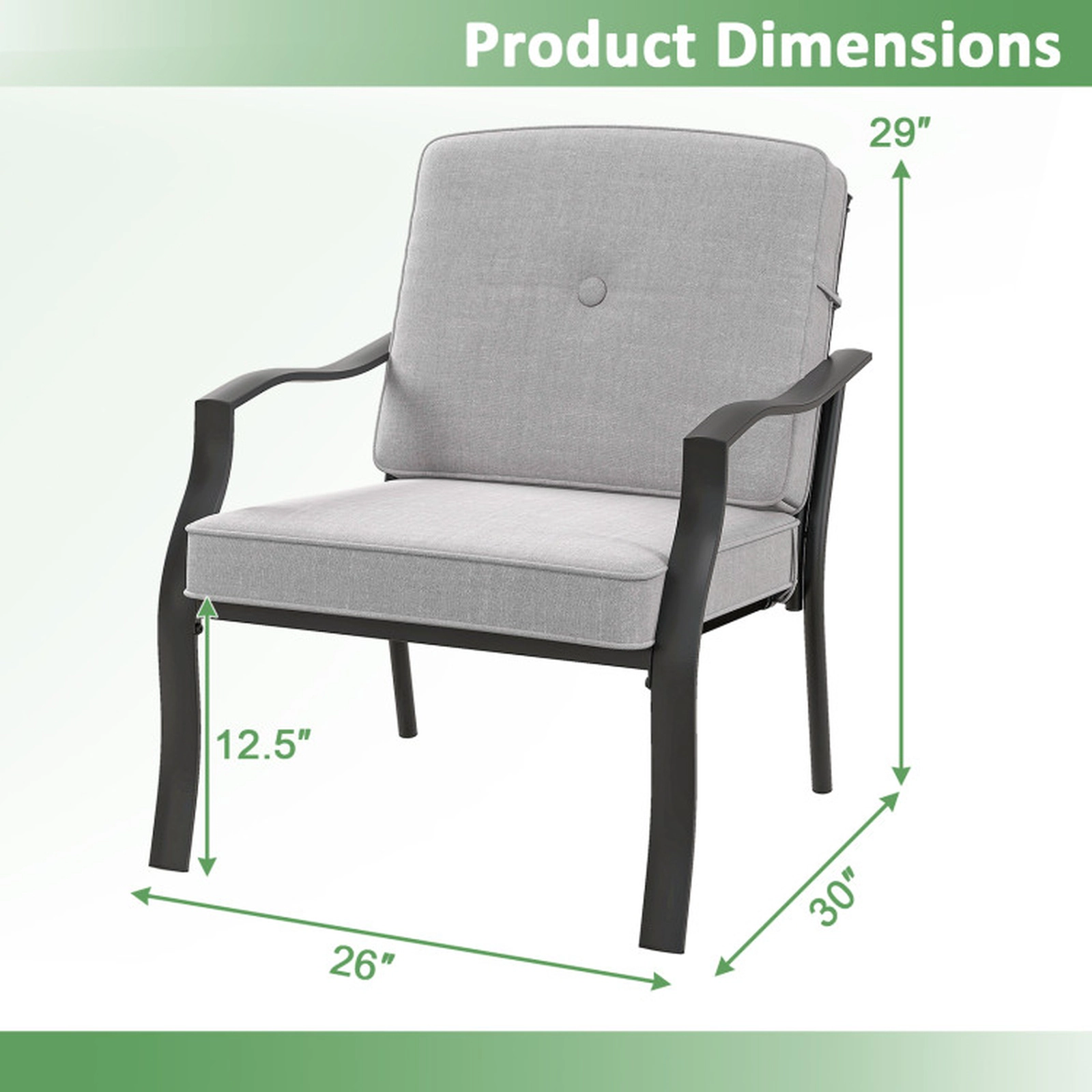SUGIFT Patio Metal Chairs with Seat and Back Cushions 330-lb Capacity Black Frame Gray Cushion