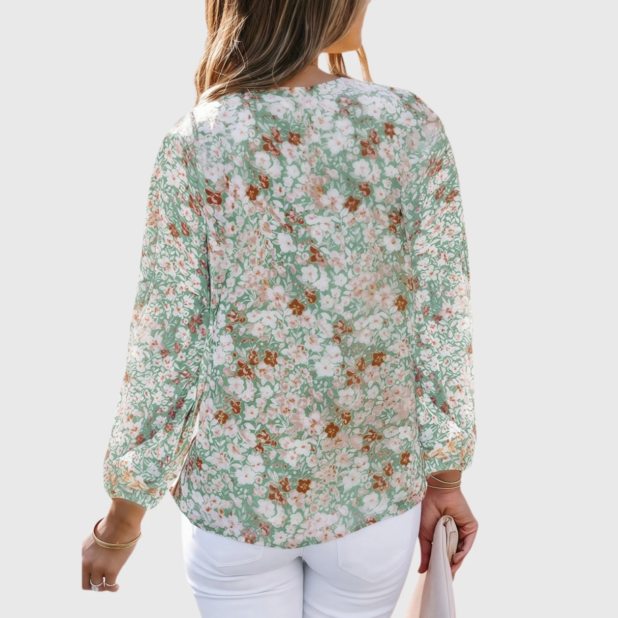 YesFashion Women's Casual Boho V Neck Long Sleeve Blouses Floral Print Loose Shirt Tops