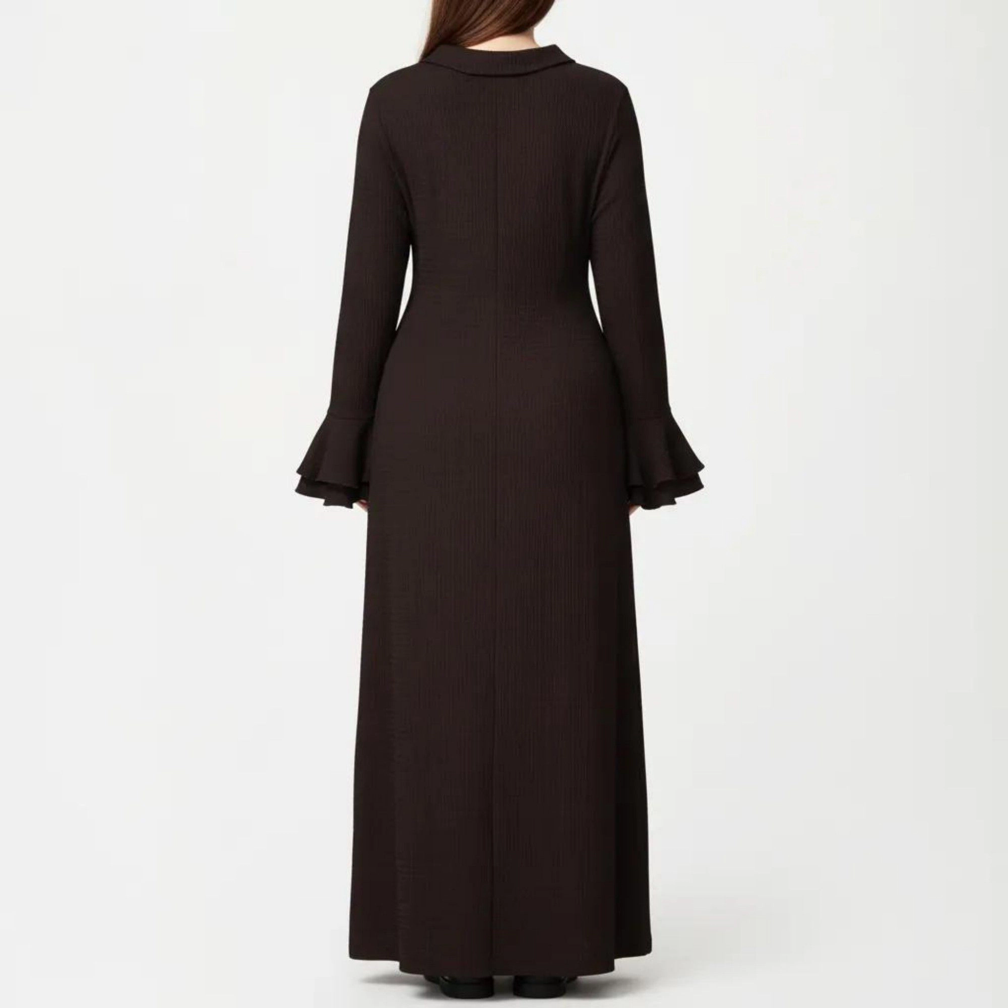 Anna-Kaci Women's Long Sleeve Button Down Collar Neck Flare Detail Front Slit Relaxed Fit Maxi Dress