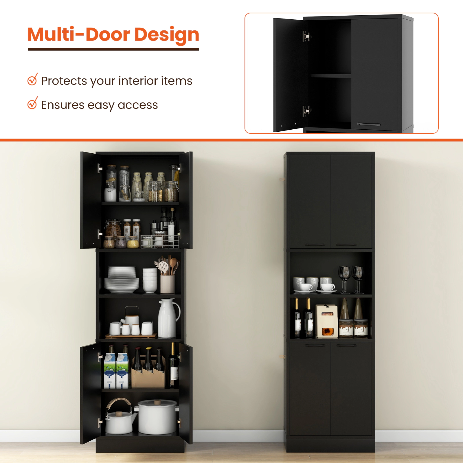 Glintex 75-Inch Tall Pantry Cabinet with 4 Doors and 2 Open Shelves