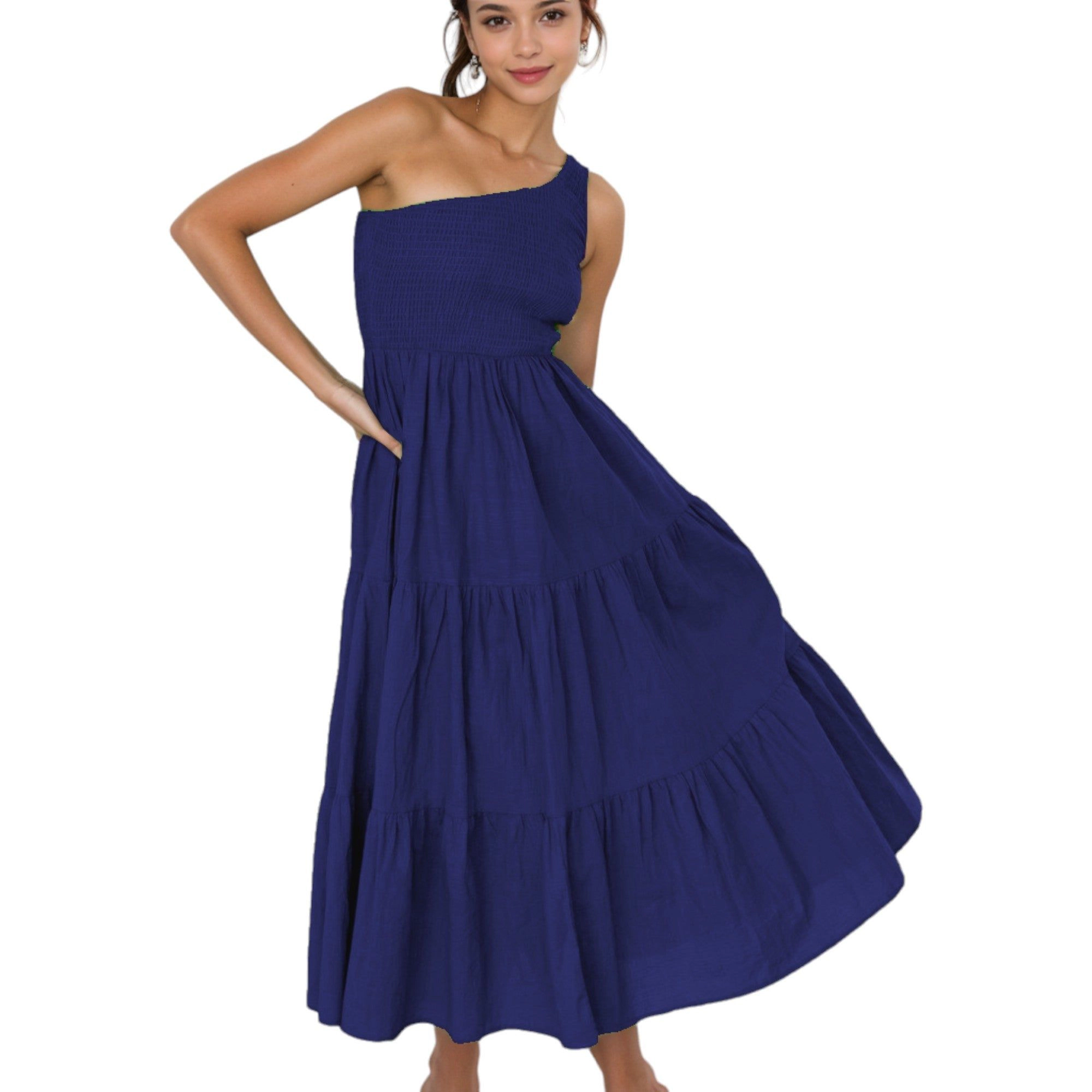 Anna-Kaci Women's Boho Summer One Shoulder Sleeveless Smocked Flowy Tiered Beach Party Maxi Fashion Dress
